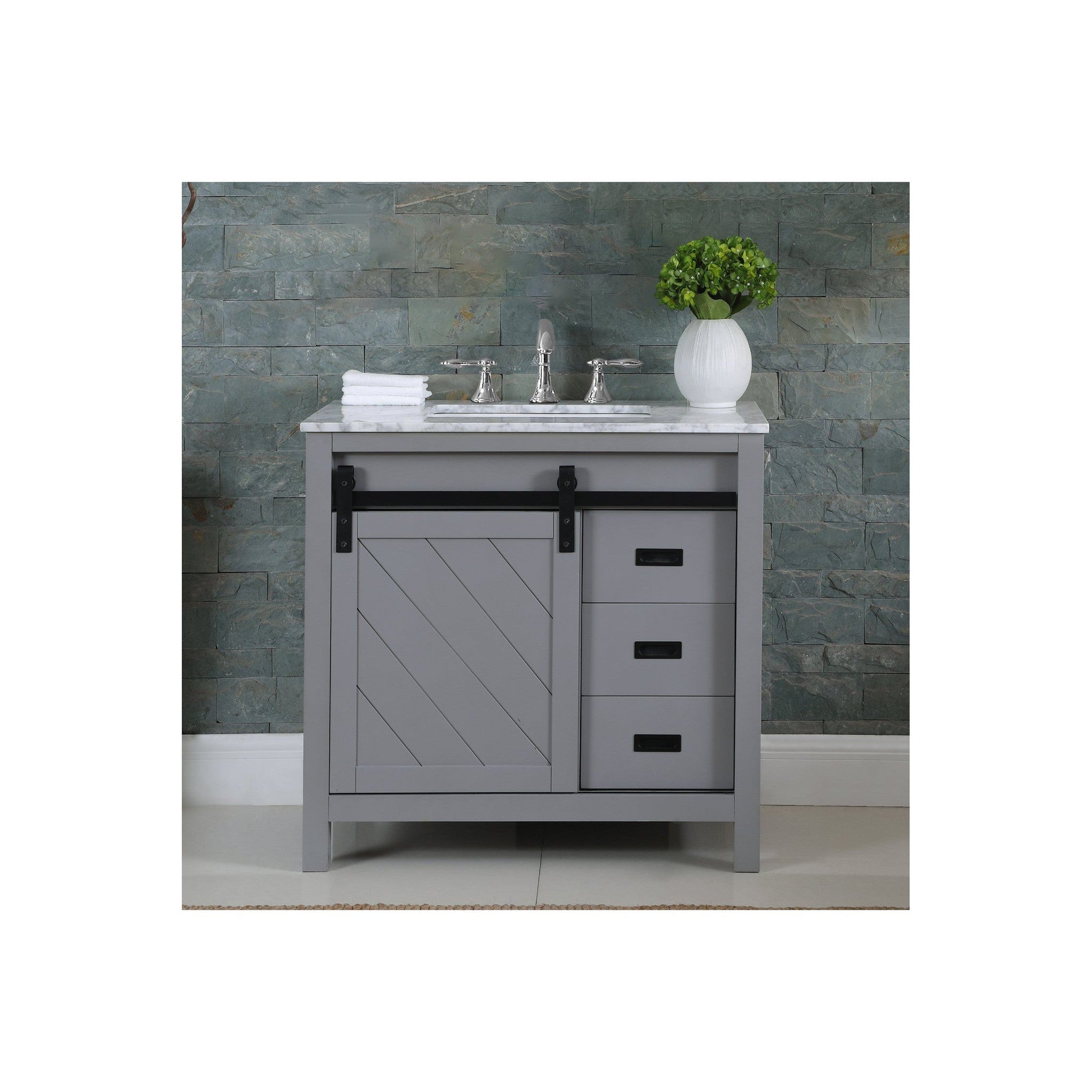 Kinsley 36" Single Bathroom Vanity Set in Gray and Carrara White Marble Countertop without Mirror