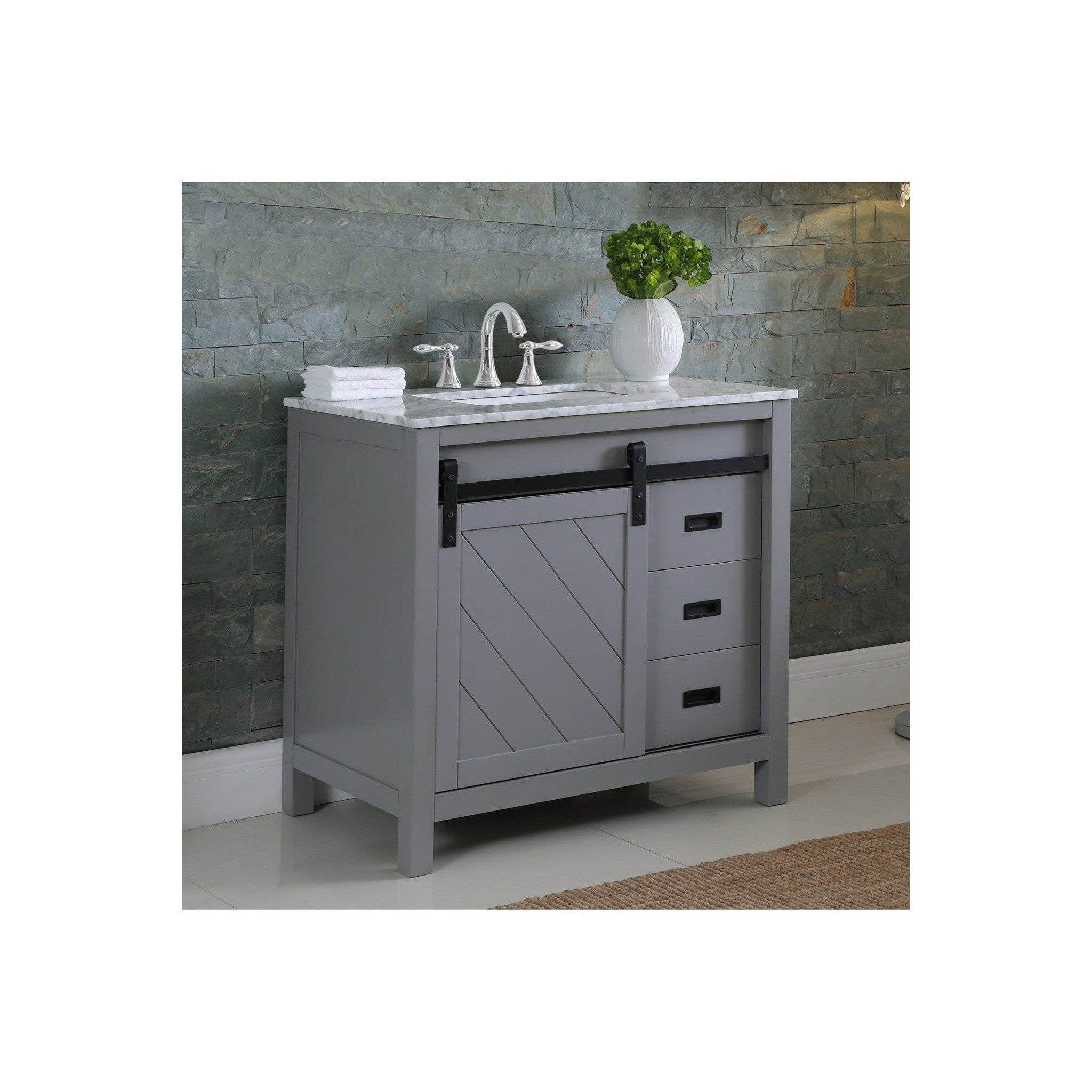 Kinsley 36" Single Bathroom Vanity Set in Gray and Carrara White Marble Countertop without Mirror