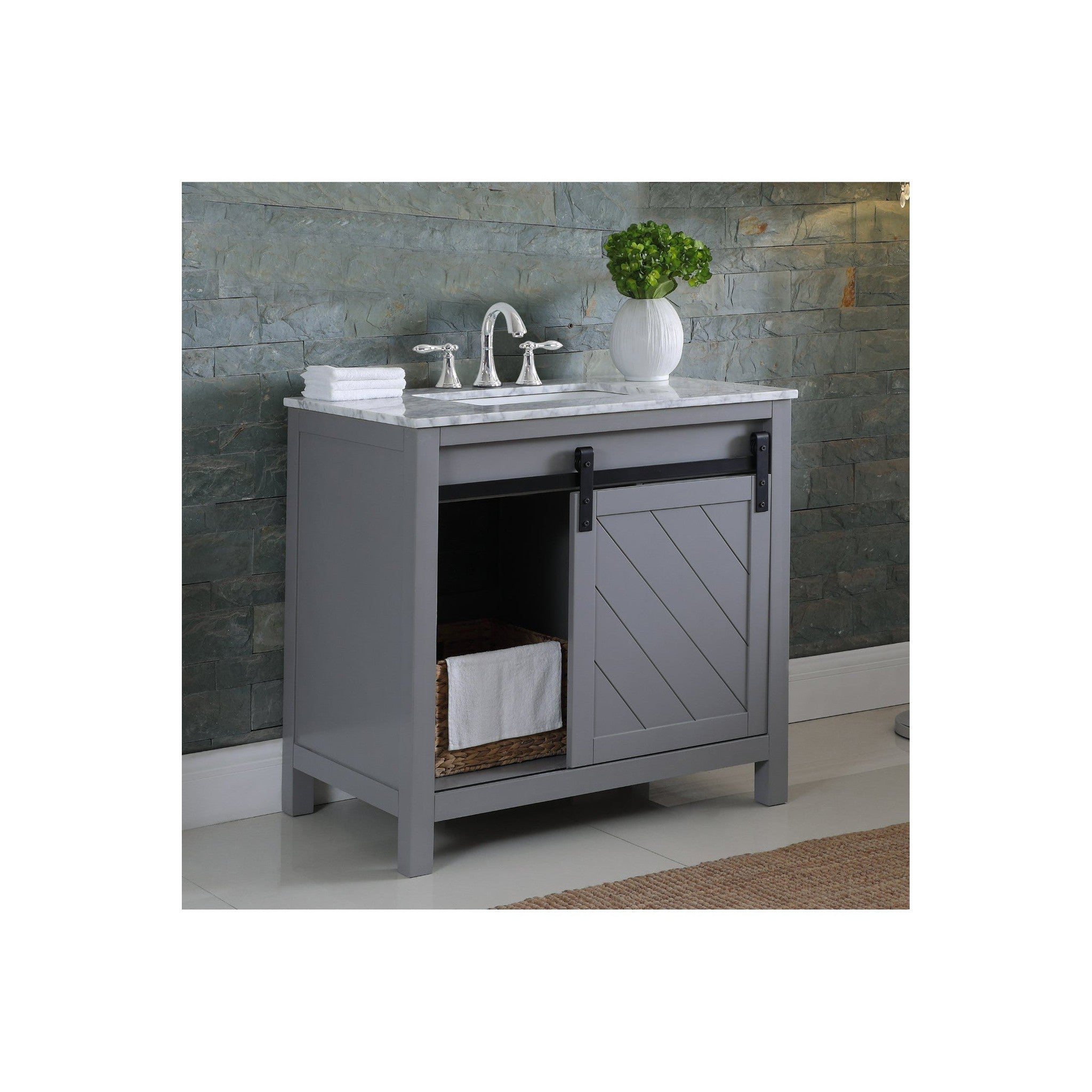 Kinsley 36" Single Bathroom Vanity Set in Gray and Carrara White Marble Countertop without Mirror