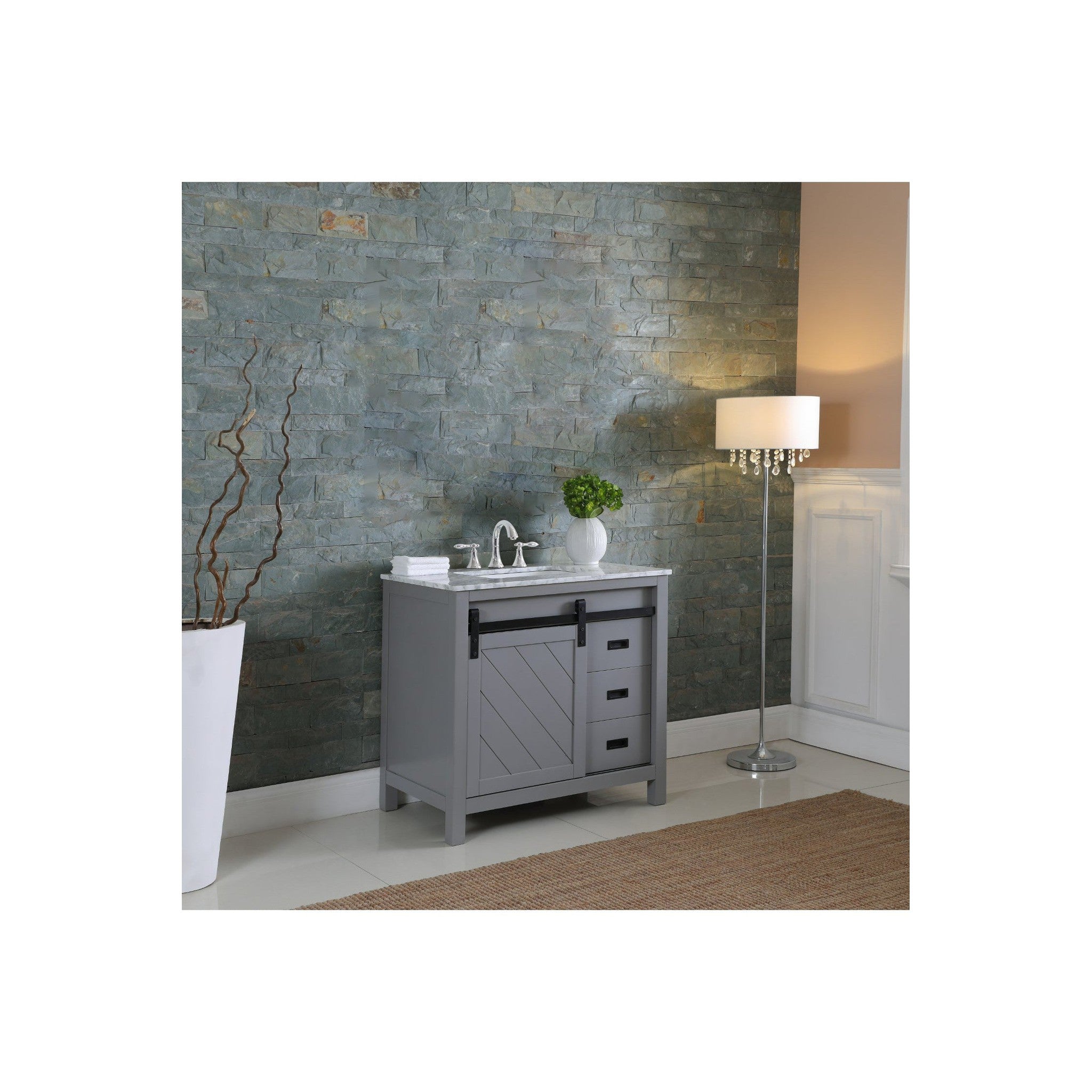 Kinsley 36" Single Bathroom Vanity Set in Gray and Carrara White Marble Countertop without Mirror