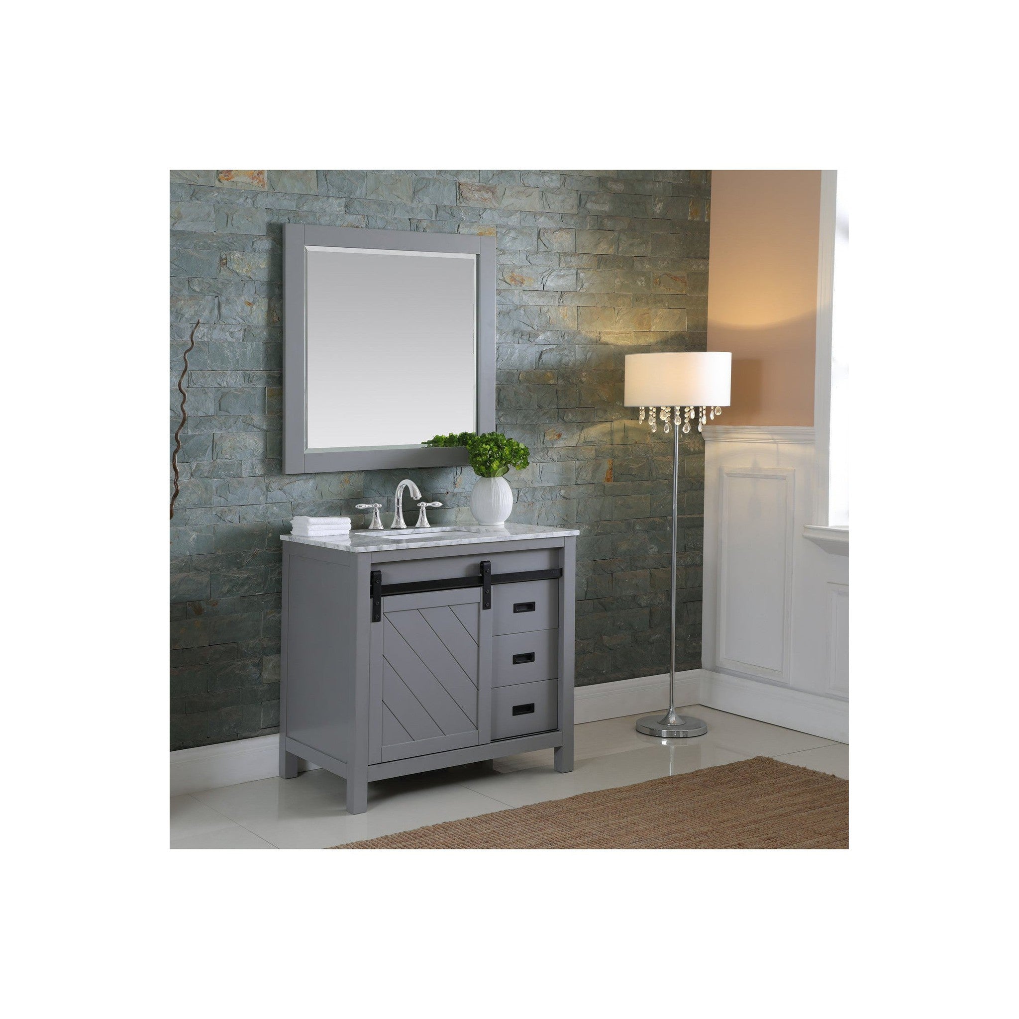 Kinsley 36" Single Bathroom Vanity Set in Gray and Carrara White Marble Countertop with Mirror