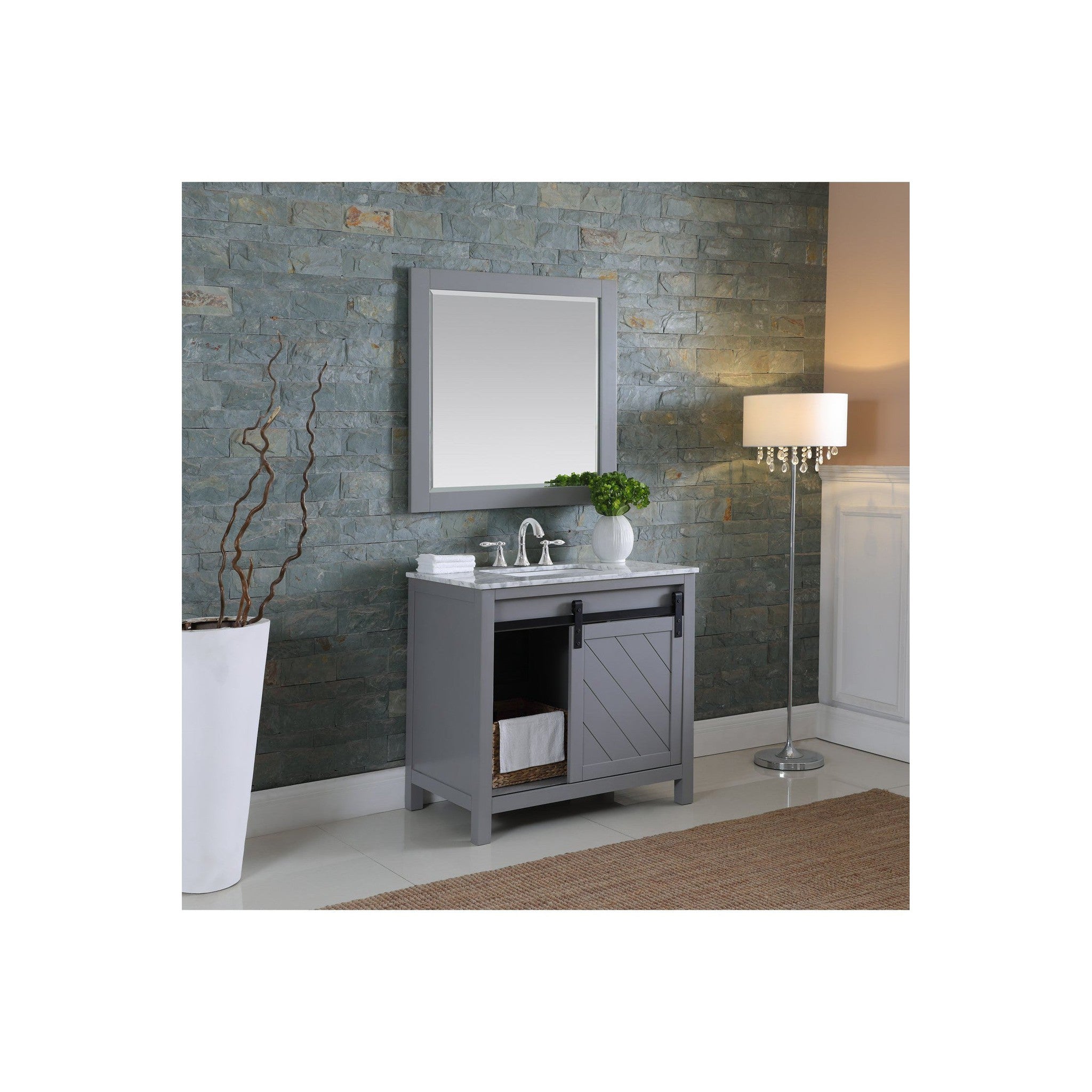 Kinsley 36" Single Bathroom Vanity Set in Gray and Carrara White Marble Countertop with Mirror