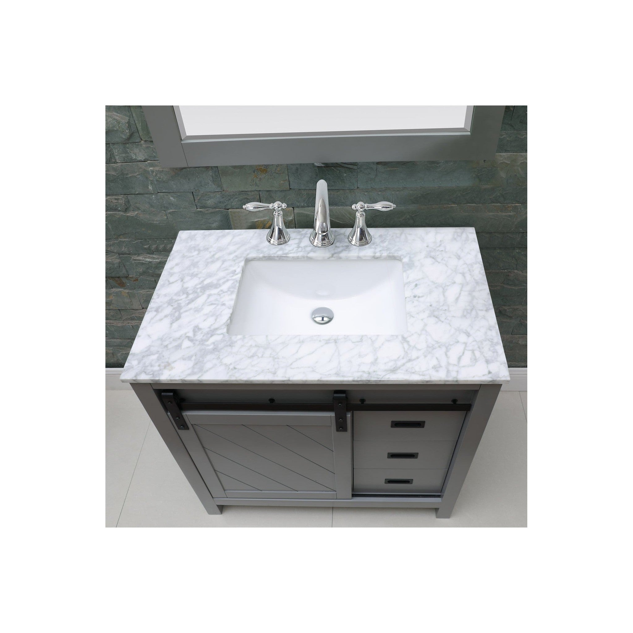 Kinsley 36" Single Bathroom Vanity Set in Gray and Carrara White Marble Countertop with Mirror