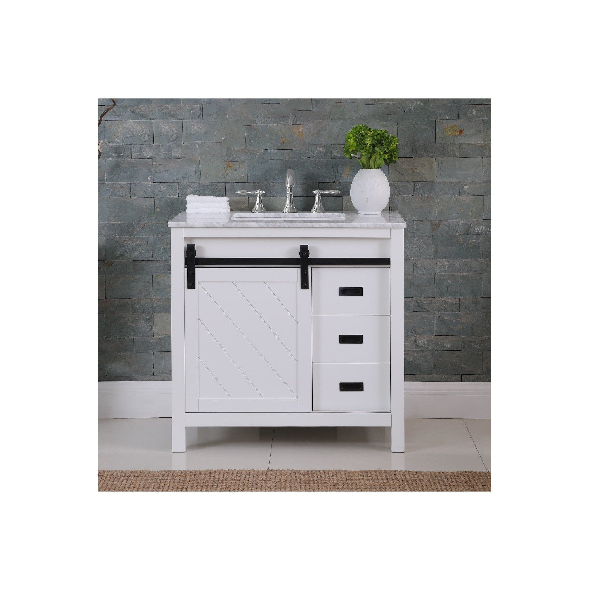 Kinsley 36" Single Bathroom Vanity Set in White and Carrara White Marble Countertop without Mirror