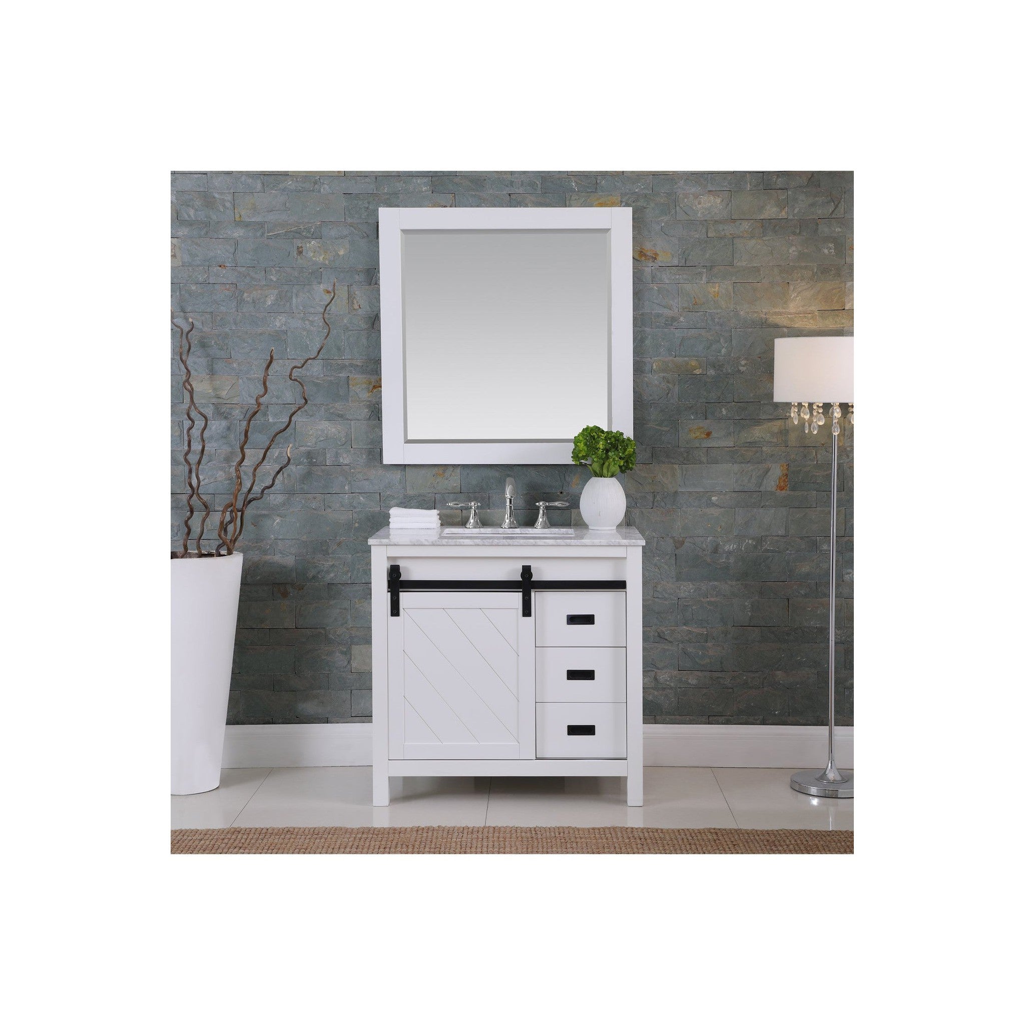 Kinsley 36" Single Bathroom Vanity Set in White and Carrara White Marble Countertop with Mirror