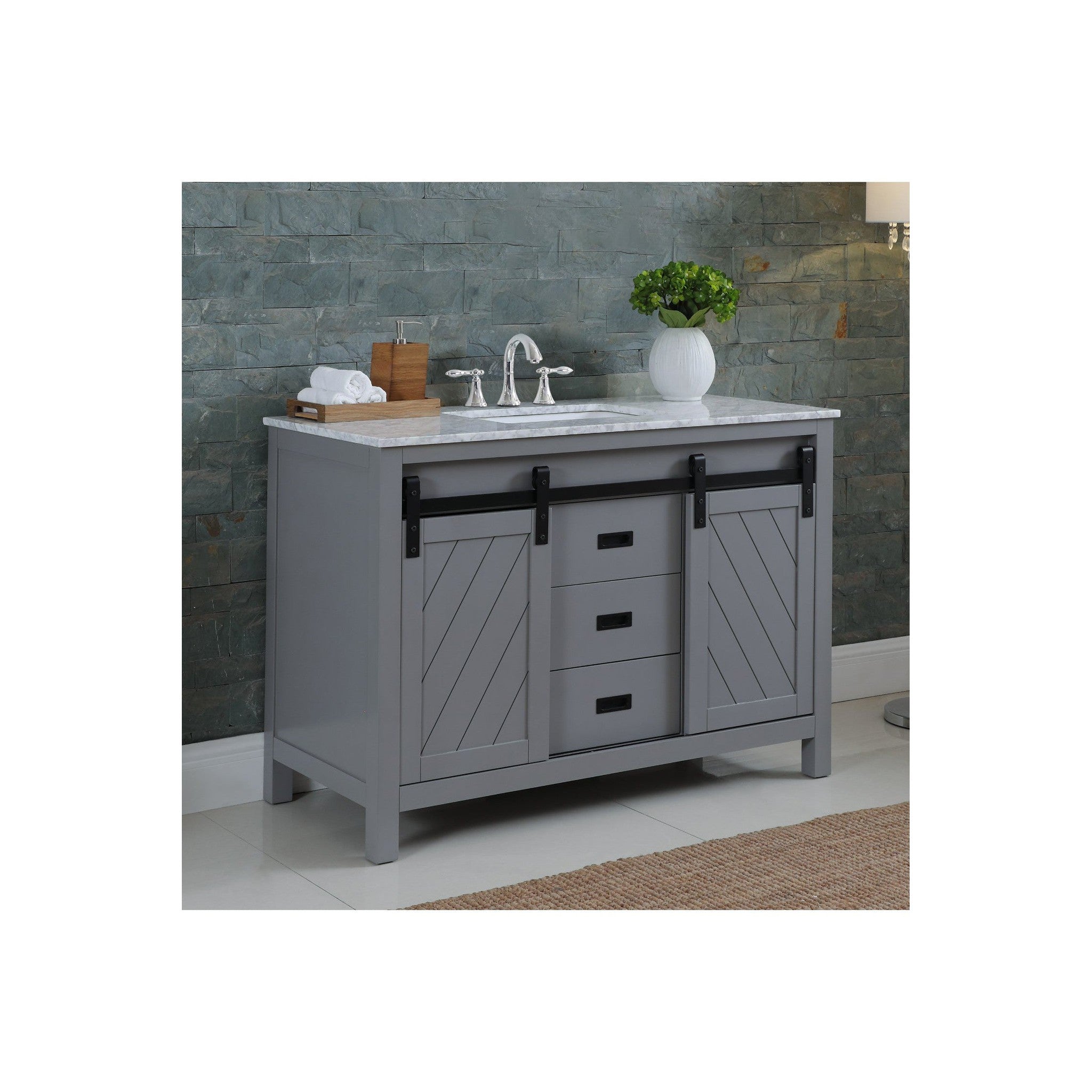 Kinsley 48" Single Bathroom Vanity Set in Gray and Carrara White Marble Countertop without Mirror