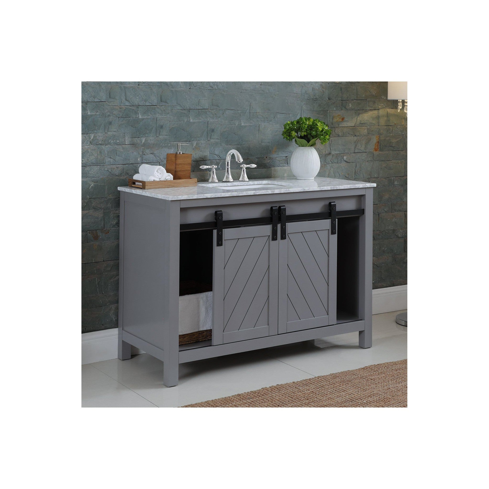 Kinsley 48" Single Bathroom Vanity Set in Gray and Carrara White Marble Countertop without Mirror