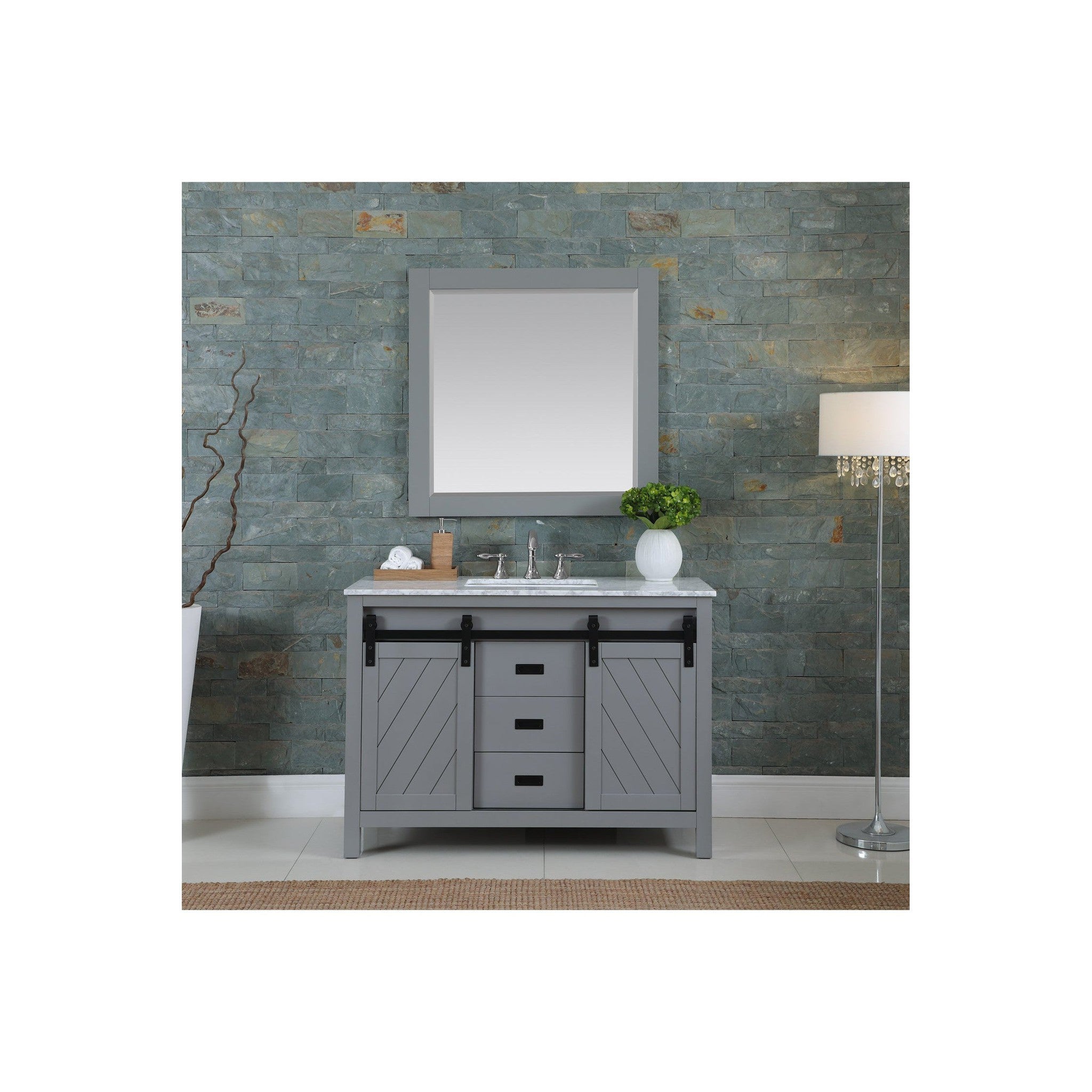 Kinsley 48" Single Bathroom Vanity Set in Gray and Carrara White Marble Countertop with Mirror