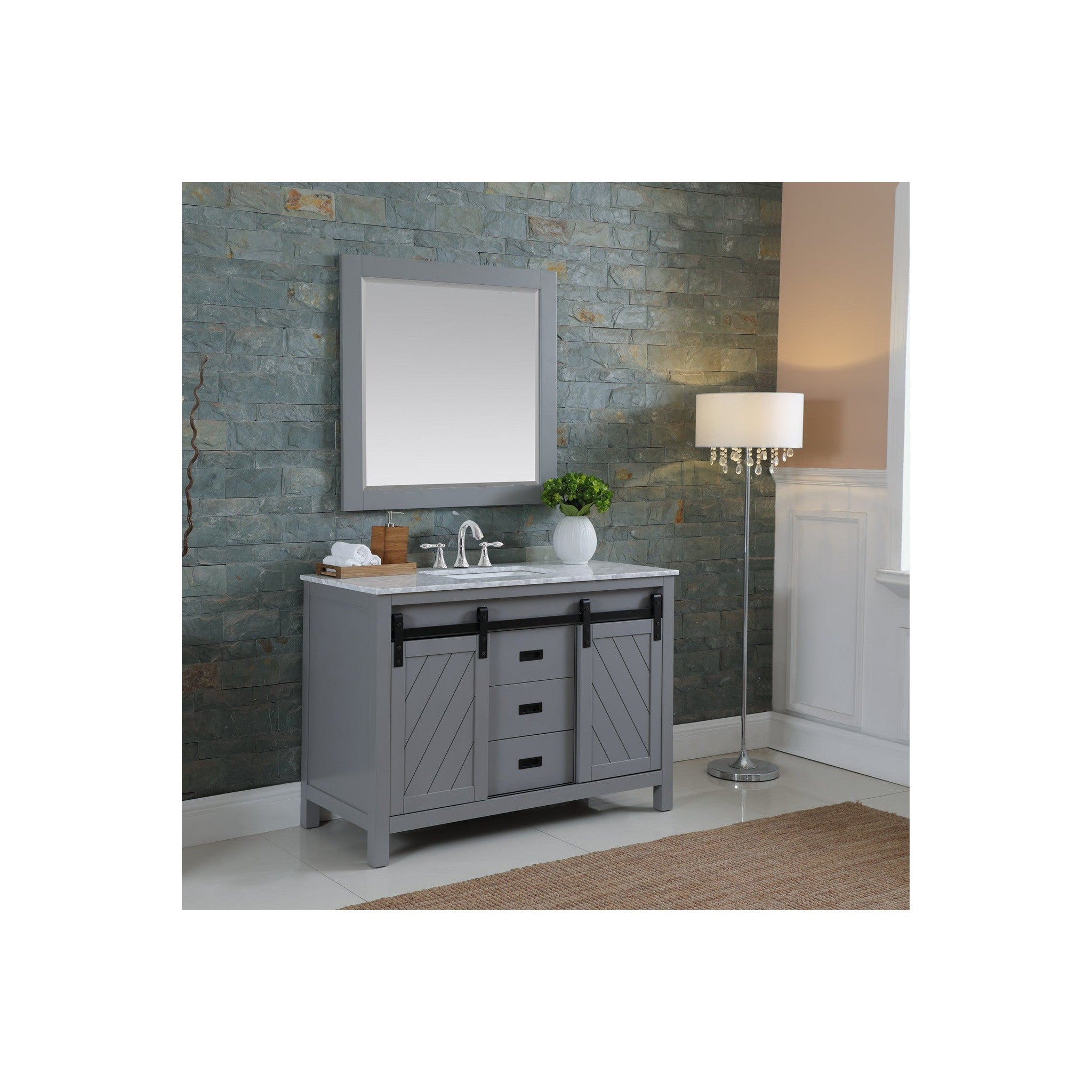 Kinsley 48" Single Bathroom Vanity Set in Gray and Carrara White Marble Countertop with Mirror