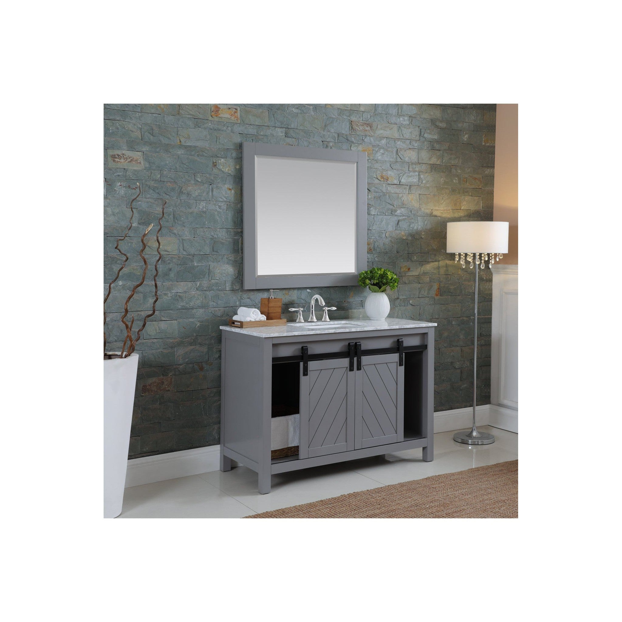 Kinsley 48" Single Bathroom Vanity Set in Gray and Carrara White Marble Countertop with Mirror