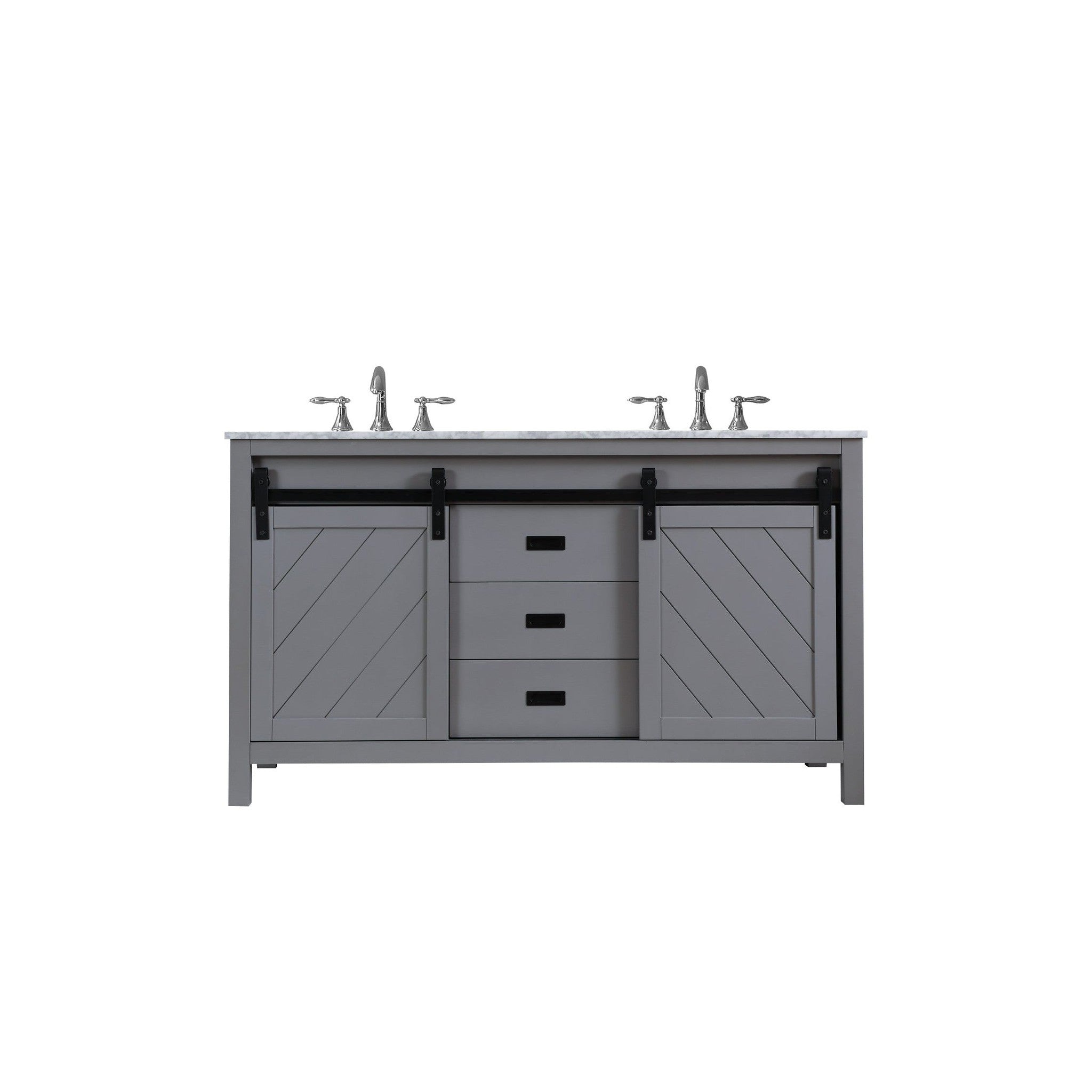 Kinsley 60" Double Bathroom Vanity Set in Gray and Carrara White Marble Countertop without Mirror