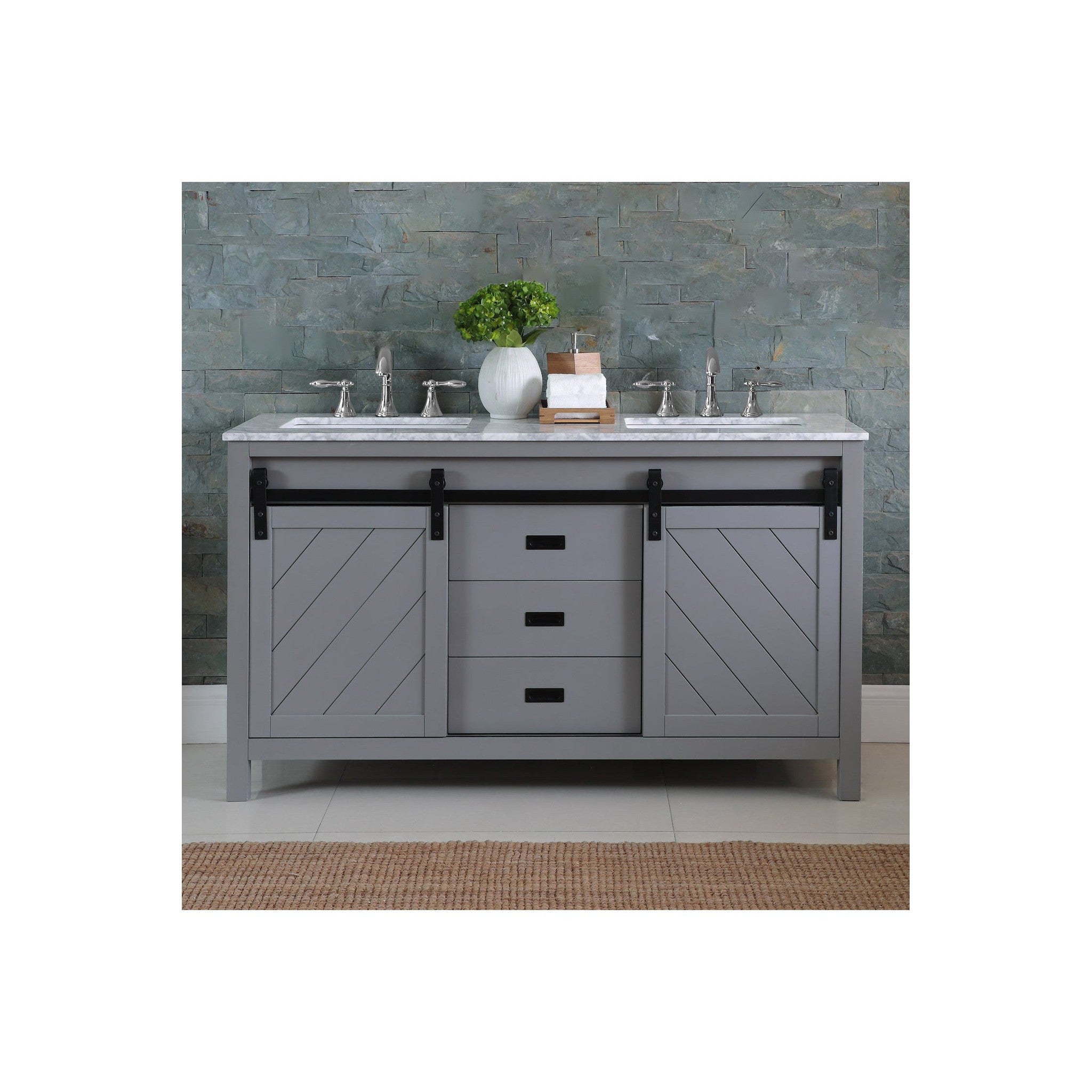 Kinsley 60" Double Bathroom Vanity Set in Gray and Carrara White Marble Countertop without Mirror