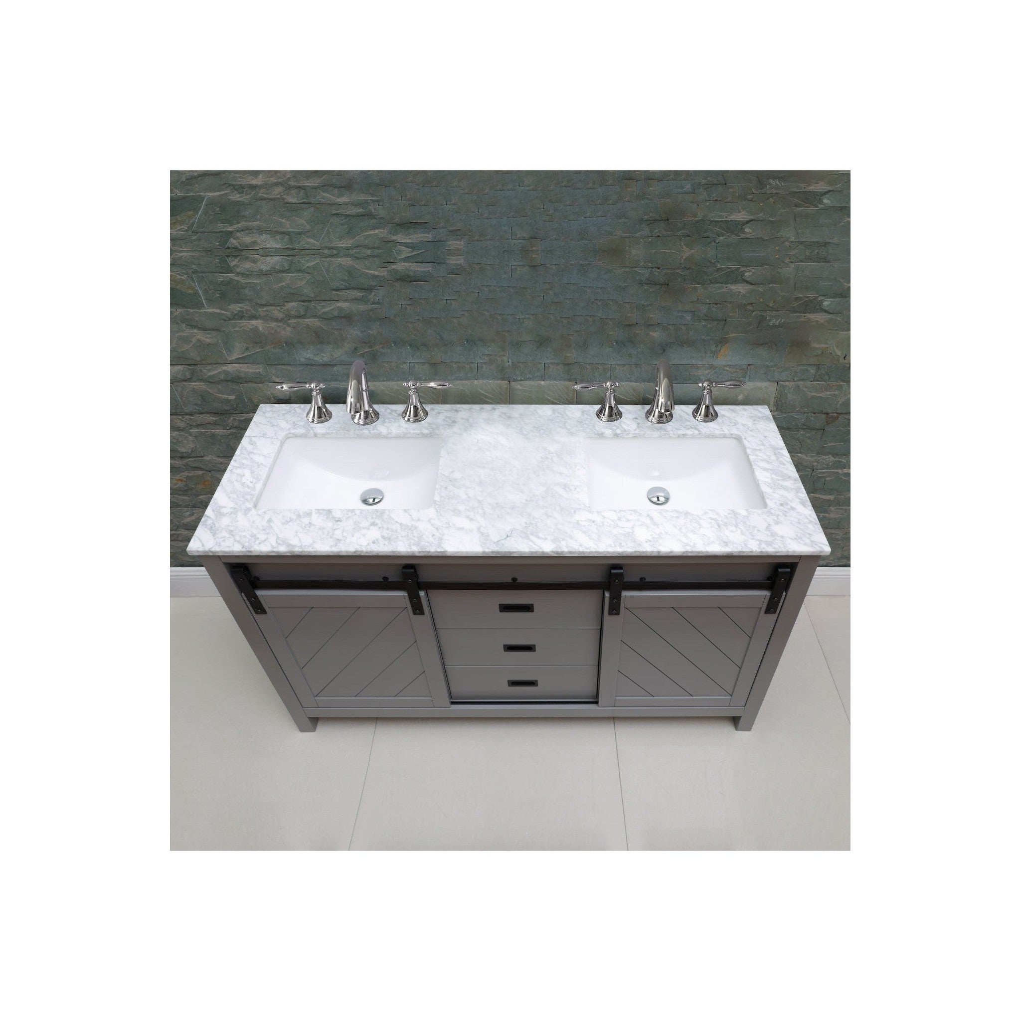 Kinsley 60" Double Bathroom Vanity Set in Gray and Carrara White Marble Countertop without Mirror