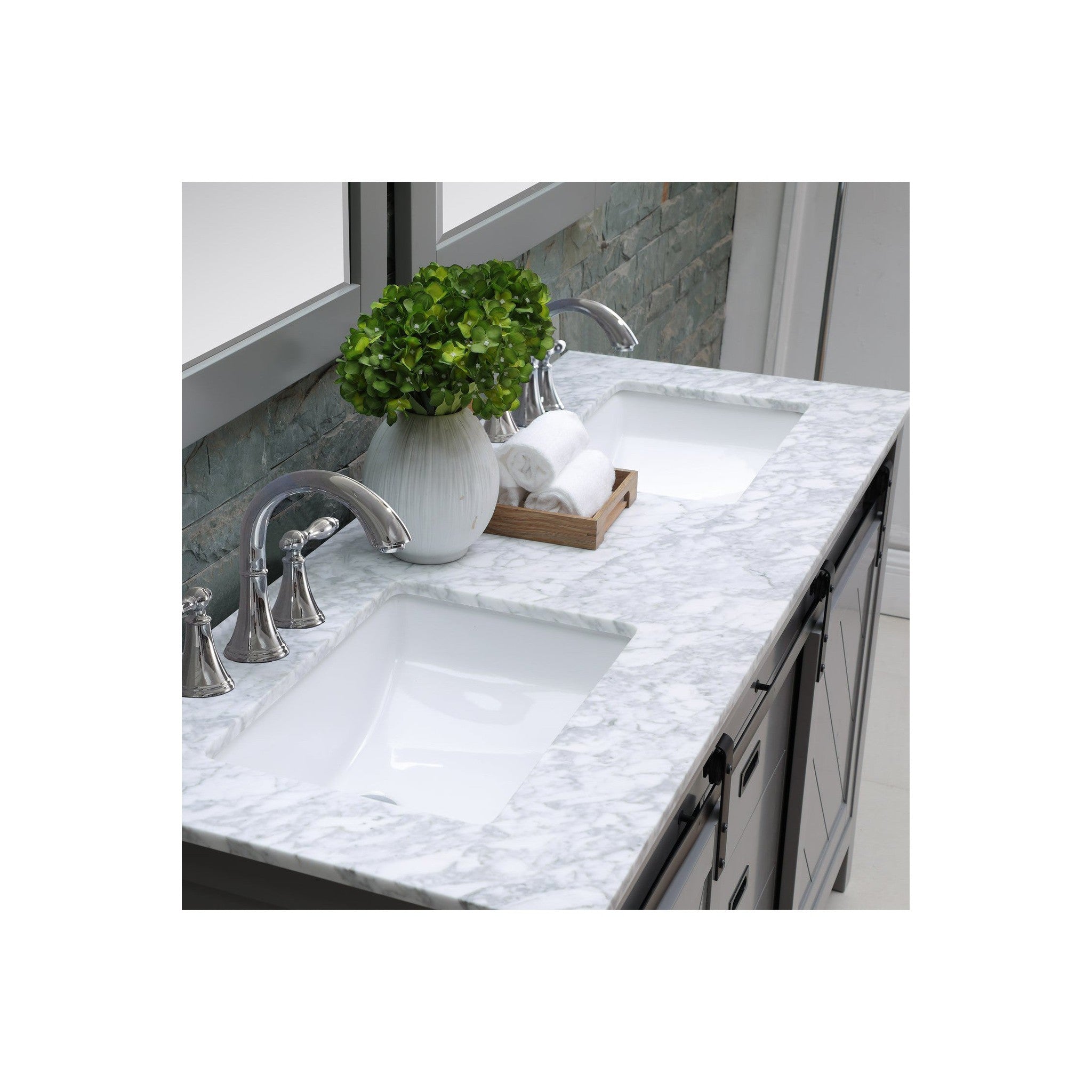 Kinsley 60" Double Bathroom Vanity Set in Gray and Carrara White Marble Countertop without Mirror