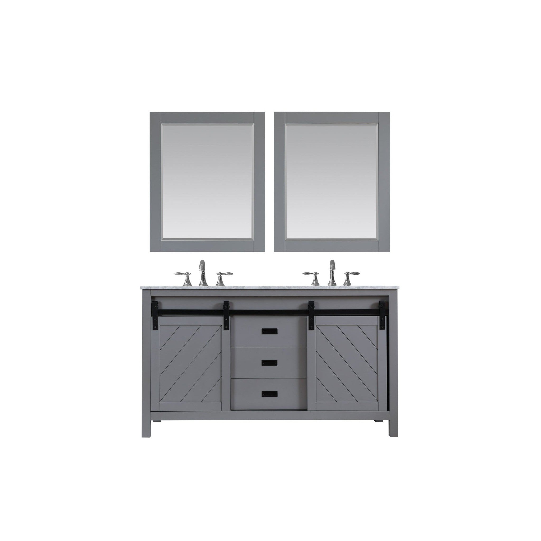 Kinsley 60" Double Bathroom Vanity Set in Gray and Carrara White Marble Countertop with Mirror