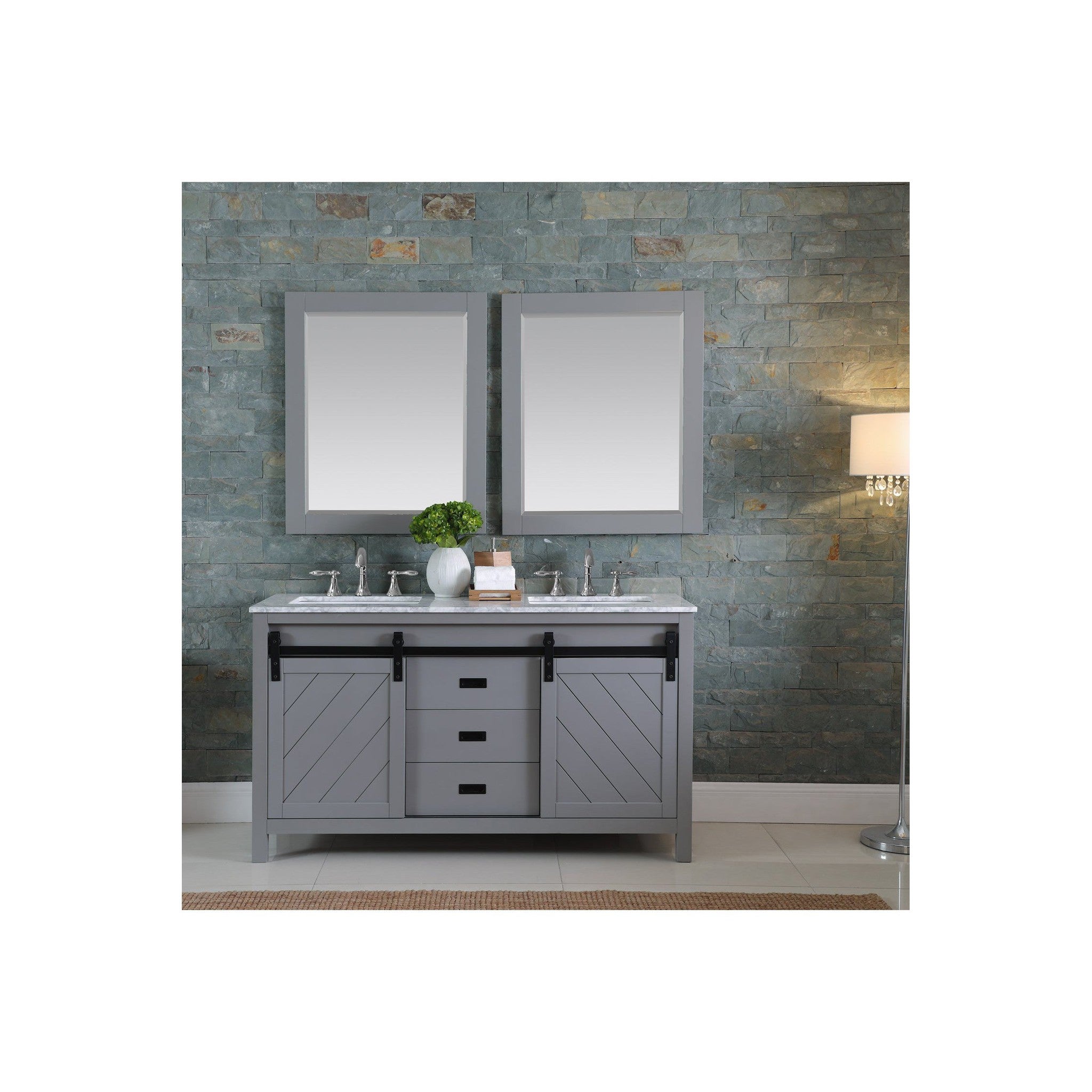 Kinsley 60" Double Bathroom Vanity Set in Gray and Carrara White Marble Countertop with Mirror