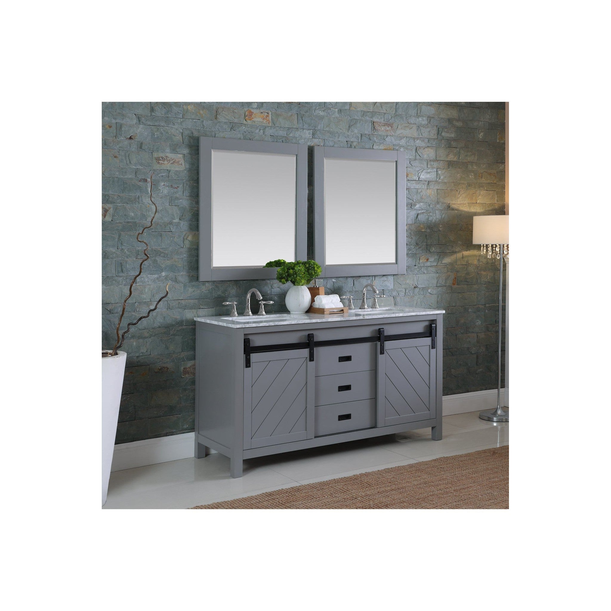 Kinsley 60" Double Bathroom Vanity Set in Gray and Carrara White Marble Countertop with Mirror