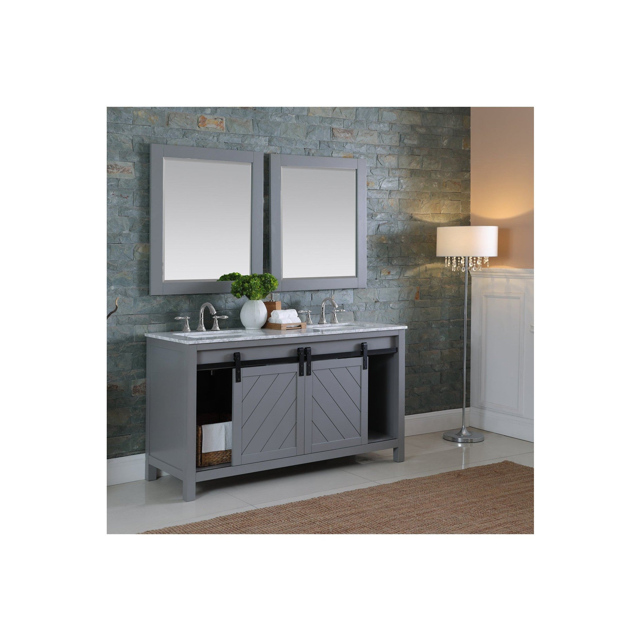 Kinsley 60" Double Bathroom Vanity Set in Gray and Carrara White Marble Countertop with Mirror