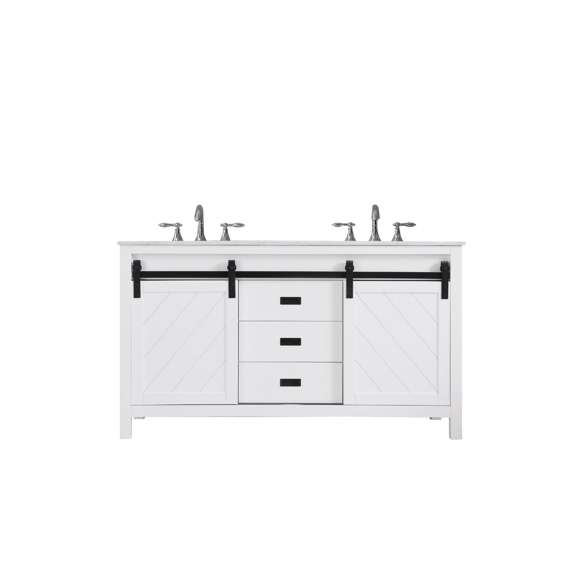 Kinsley 60" Double Bathroom Vanity Set in White and Carrara White Marble Countertop without Mirror