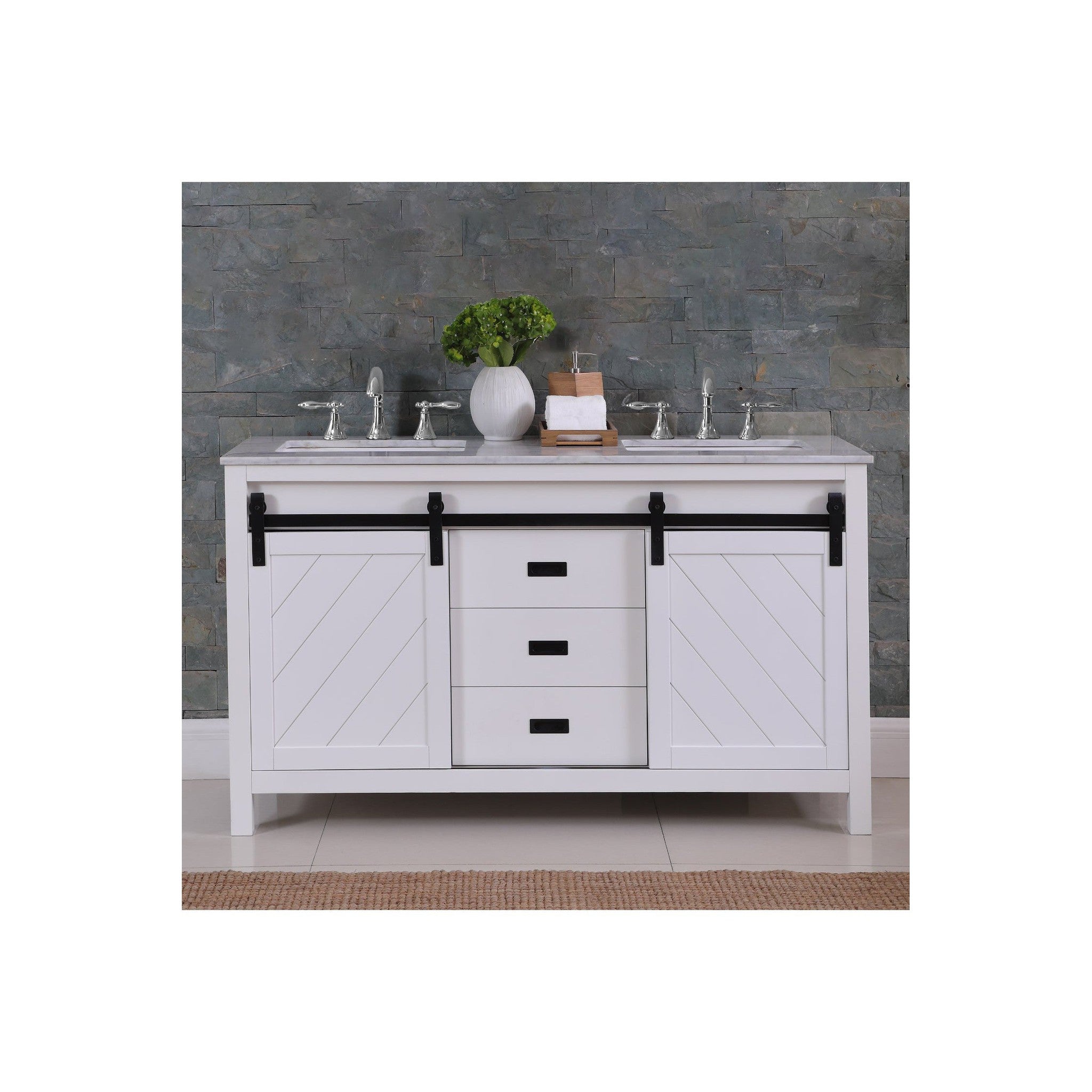 Kinsley 60" Double Bathroom Vanity Set in White and Carrara White Marble Countertop without Mirror