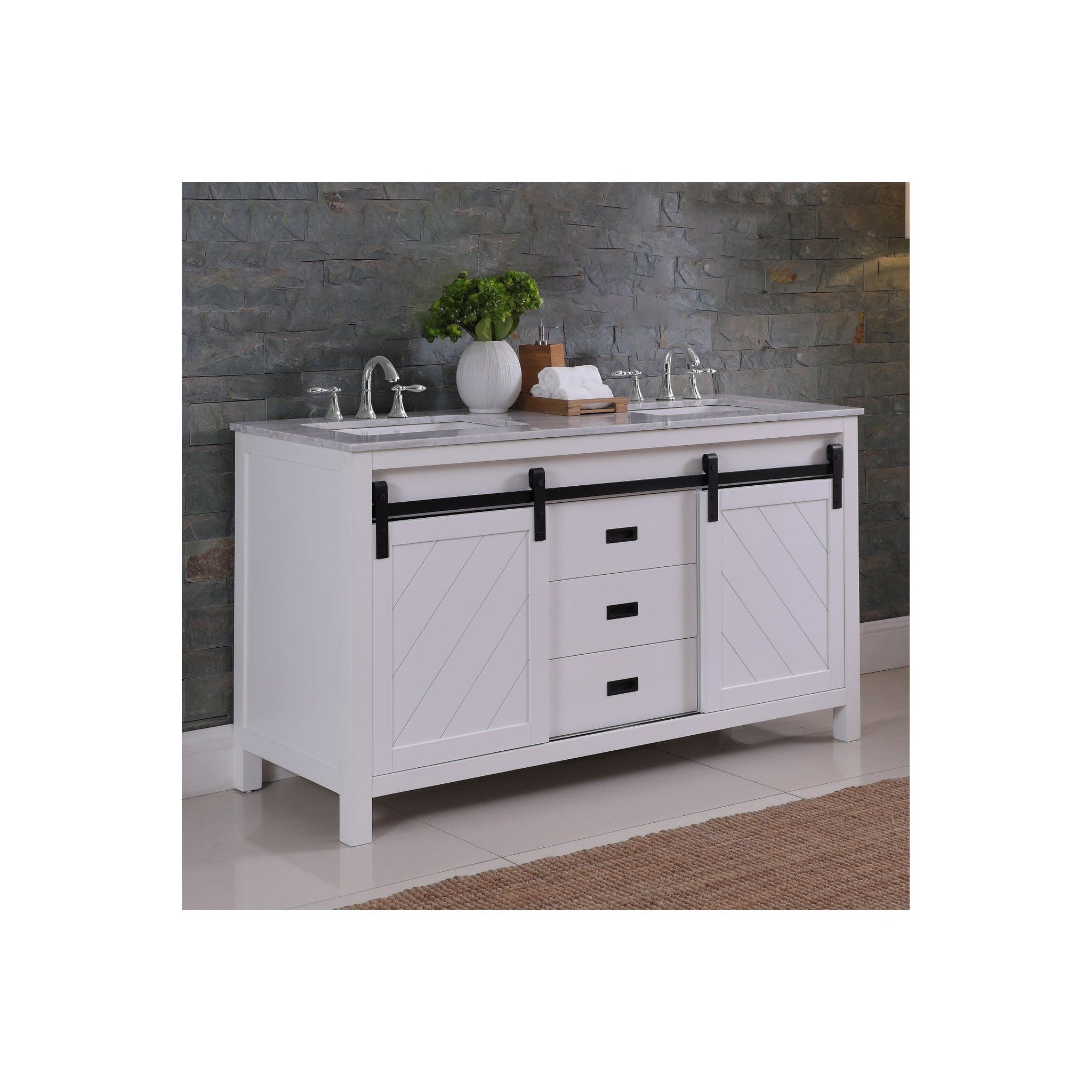 Kinsley 60" Double Bathroom Vanity Set in White and Carrara White Marble Countertop without Mirror