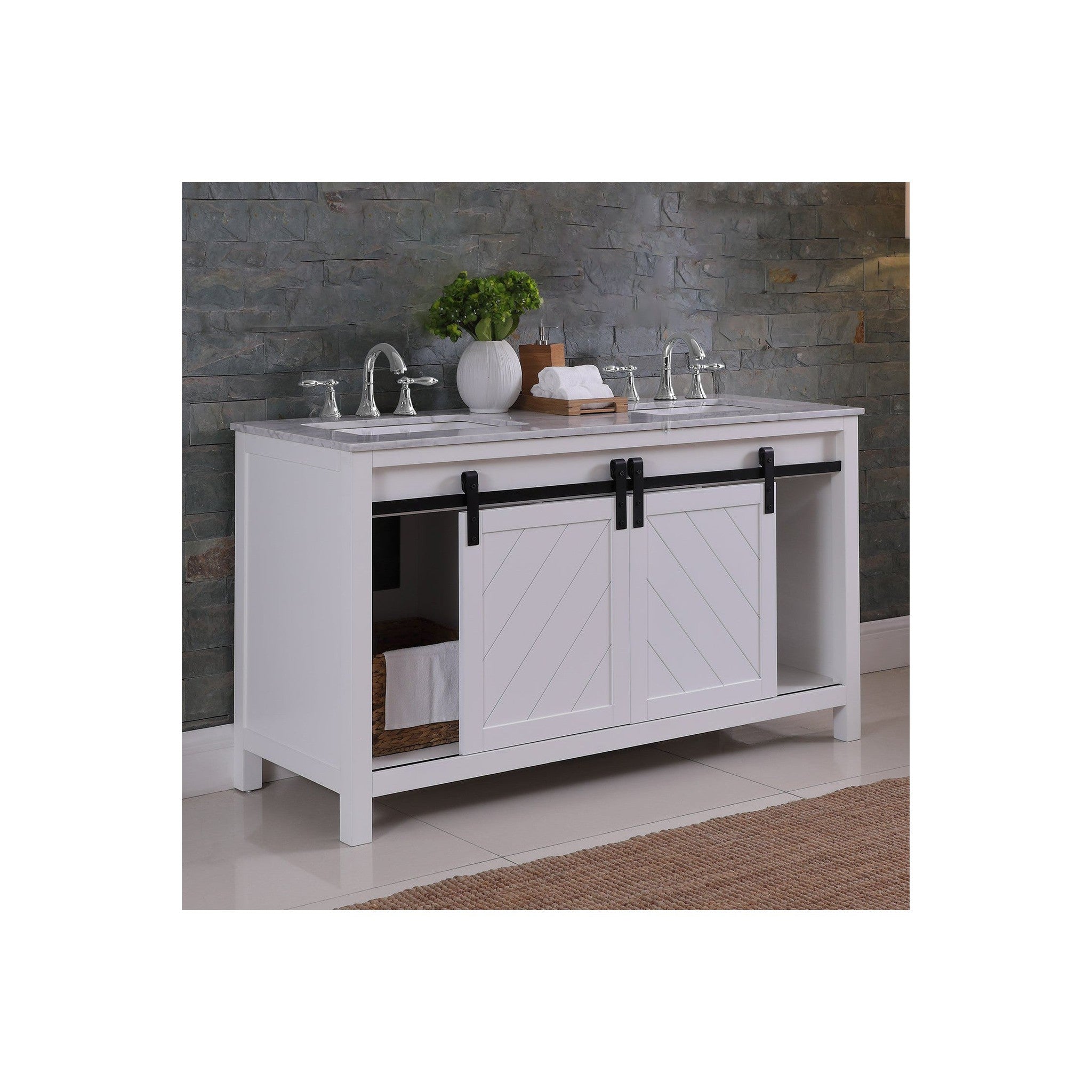 Kinsley 60" Double Bathroom Vanity Set in White and Carrara White Marble Countertop without Mirror