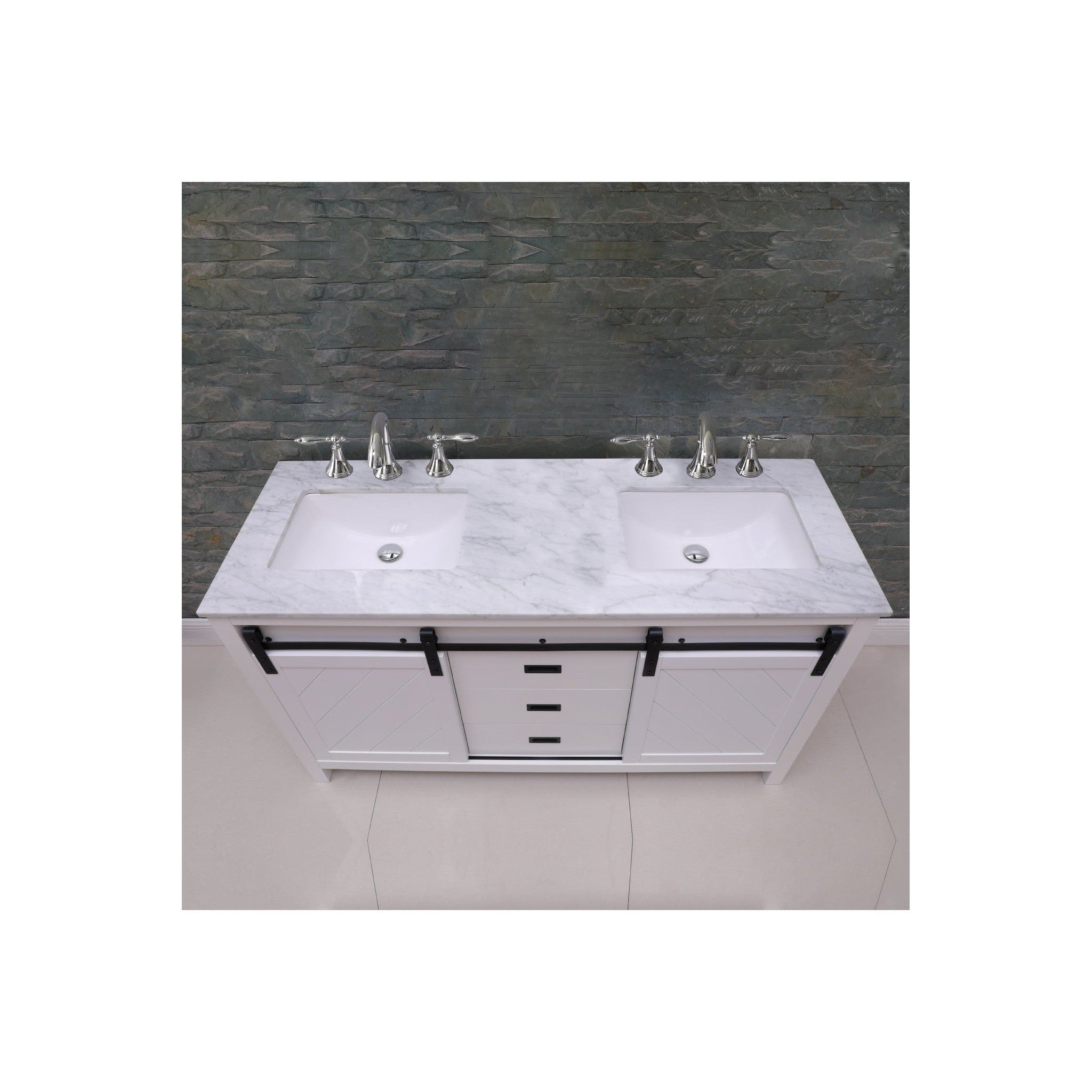 Kinsley 60" Double Bathroom Vanity Set in White and Carrara White Marble Countertop without Mirror