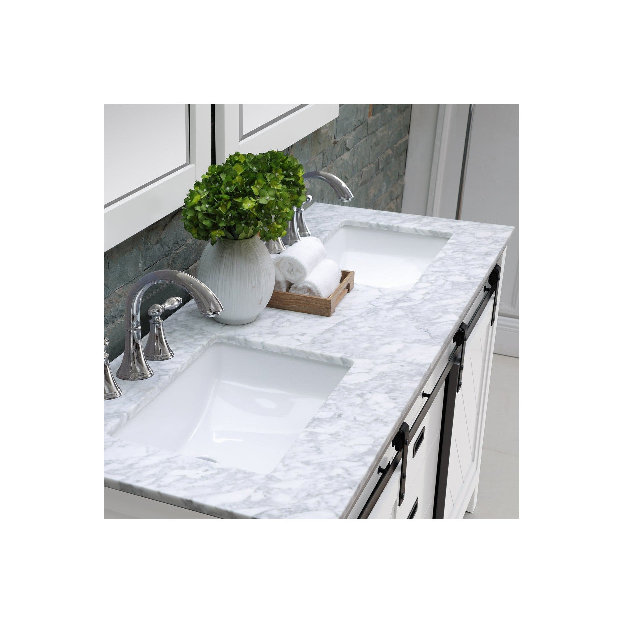 Kinsley 60" Double Bathroom Vanity Set in White and Carrara White Marble Countertop without Mirror