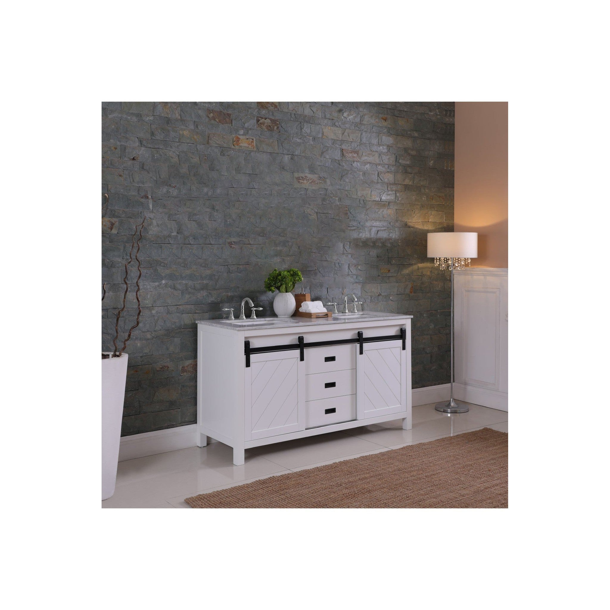 Kinsley 60" Double Bathroom Vanity Set in White and Carrara White Marble Countertop without Mirror