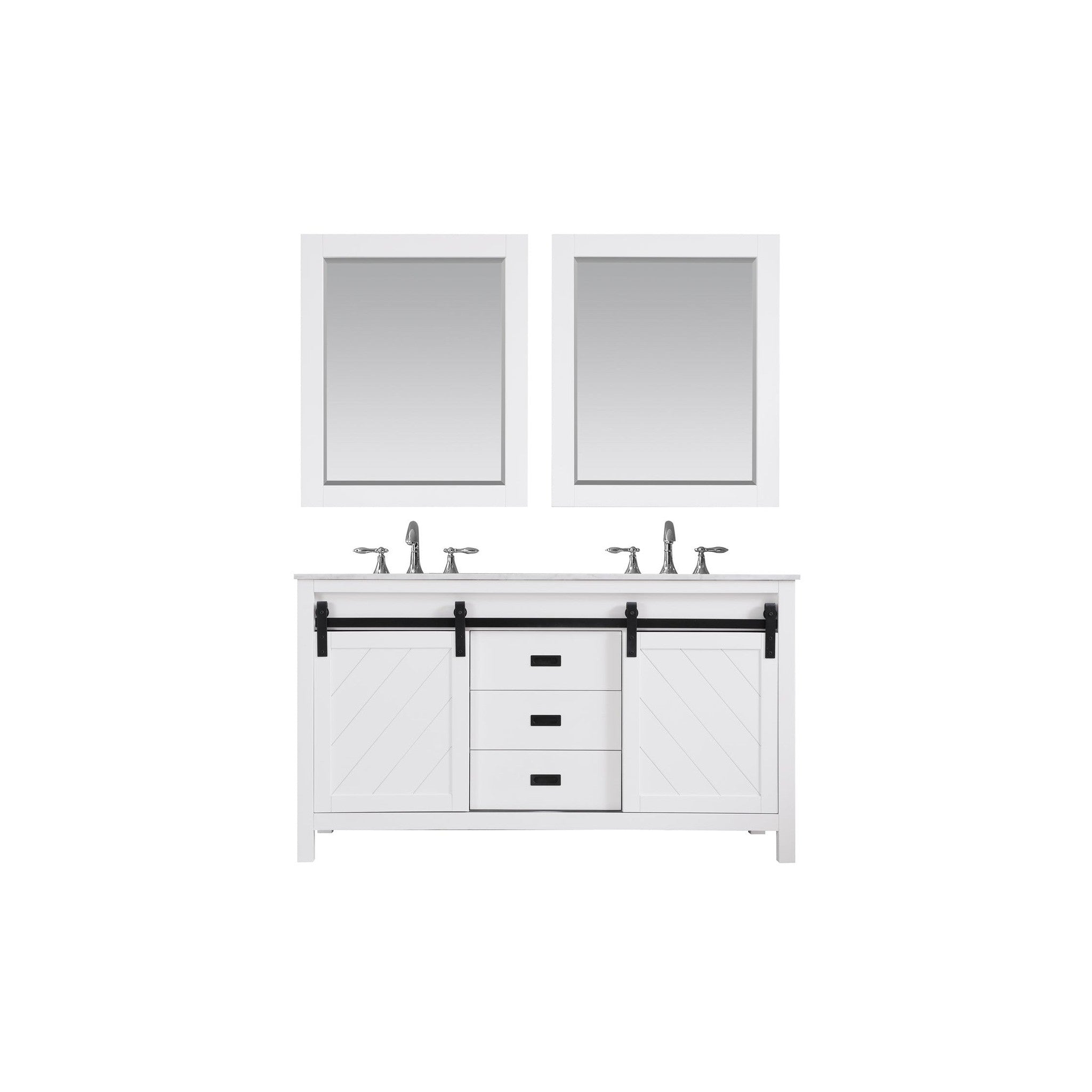 Kinsley 60" Double Bathroom Vanity Set in White and Carrara White Marble Countertop with Mirror