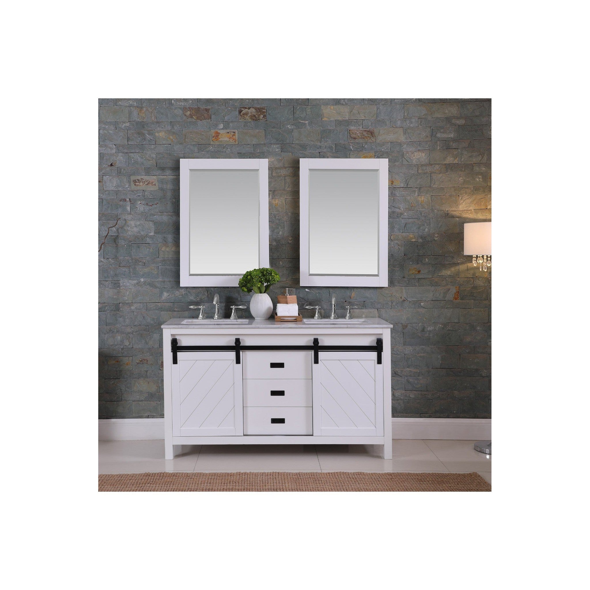 Kinsley 60" Double Bathroom Vanity Set in White and Carrara White Marble Countertop with Mirror