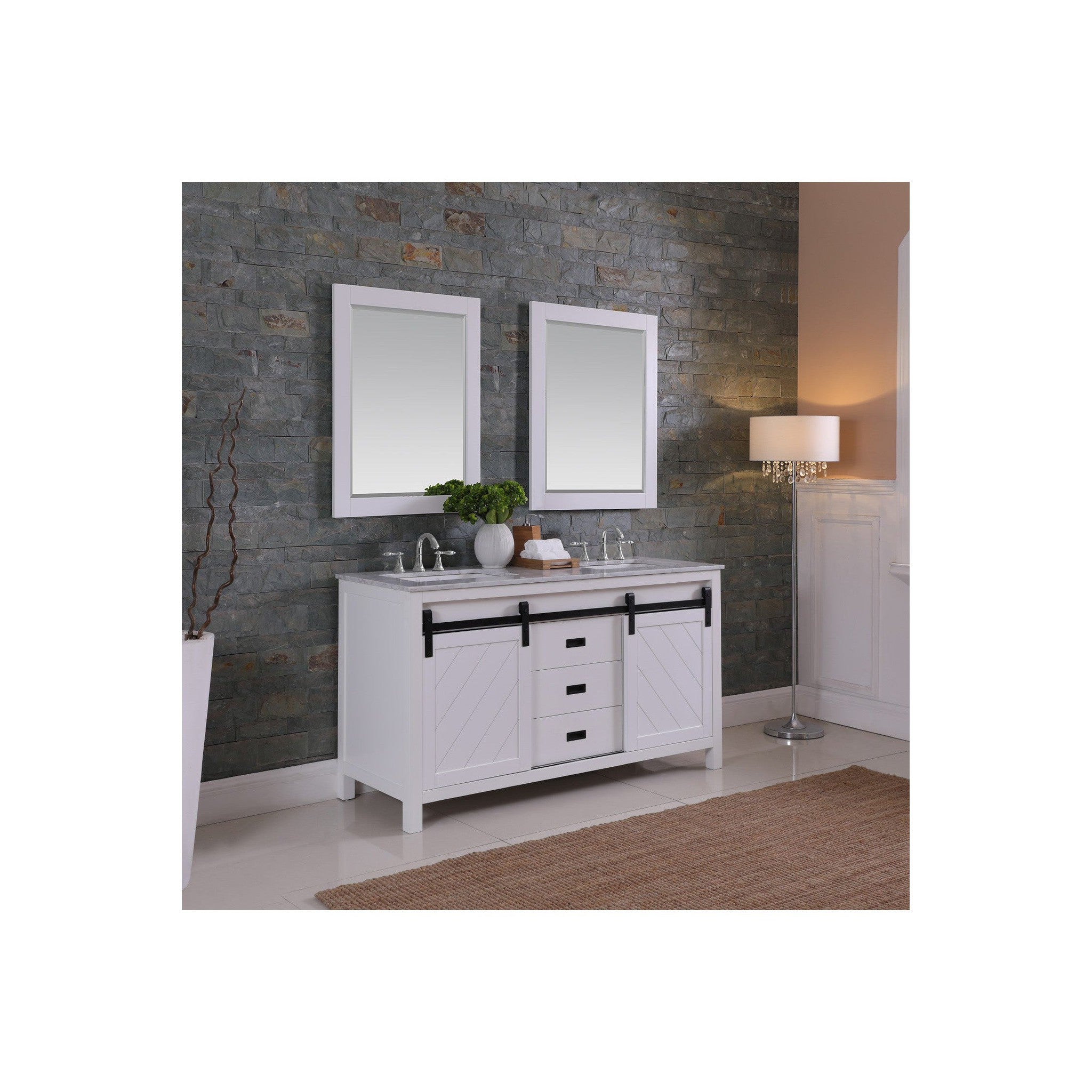 Kinsley 60" Double Bathroom Vanity Set in White and Carrara White Marble Countertop with Mirror