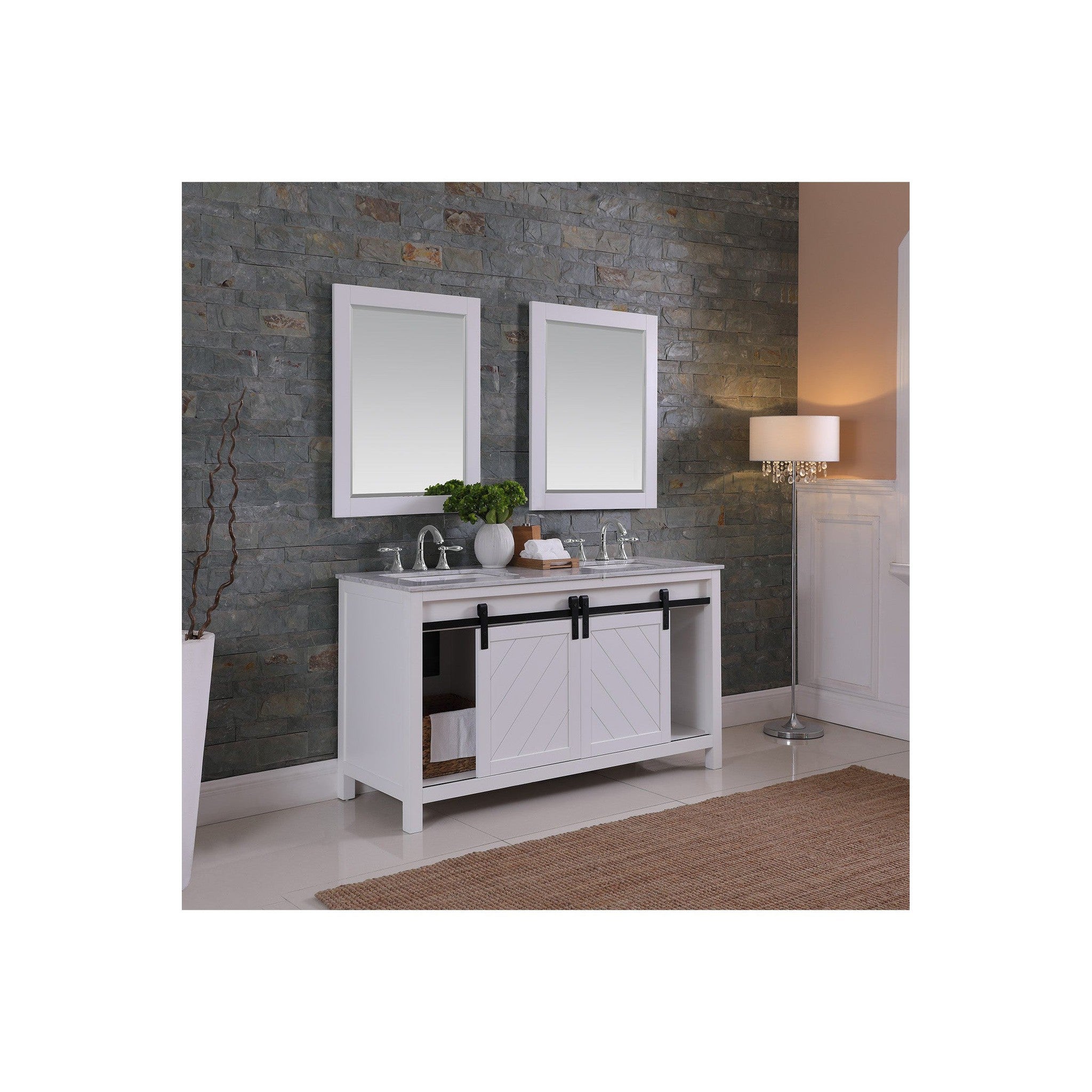 Kinsley 60" Double Bathroom Vanity Set in White and Carrara White Marble Countertop with Mirror