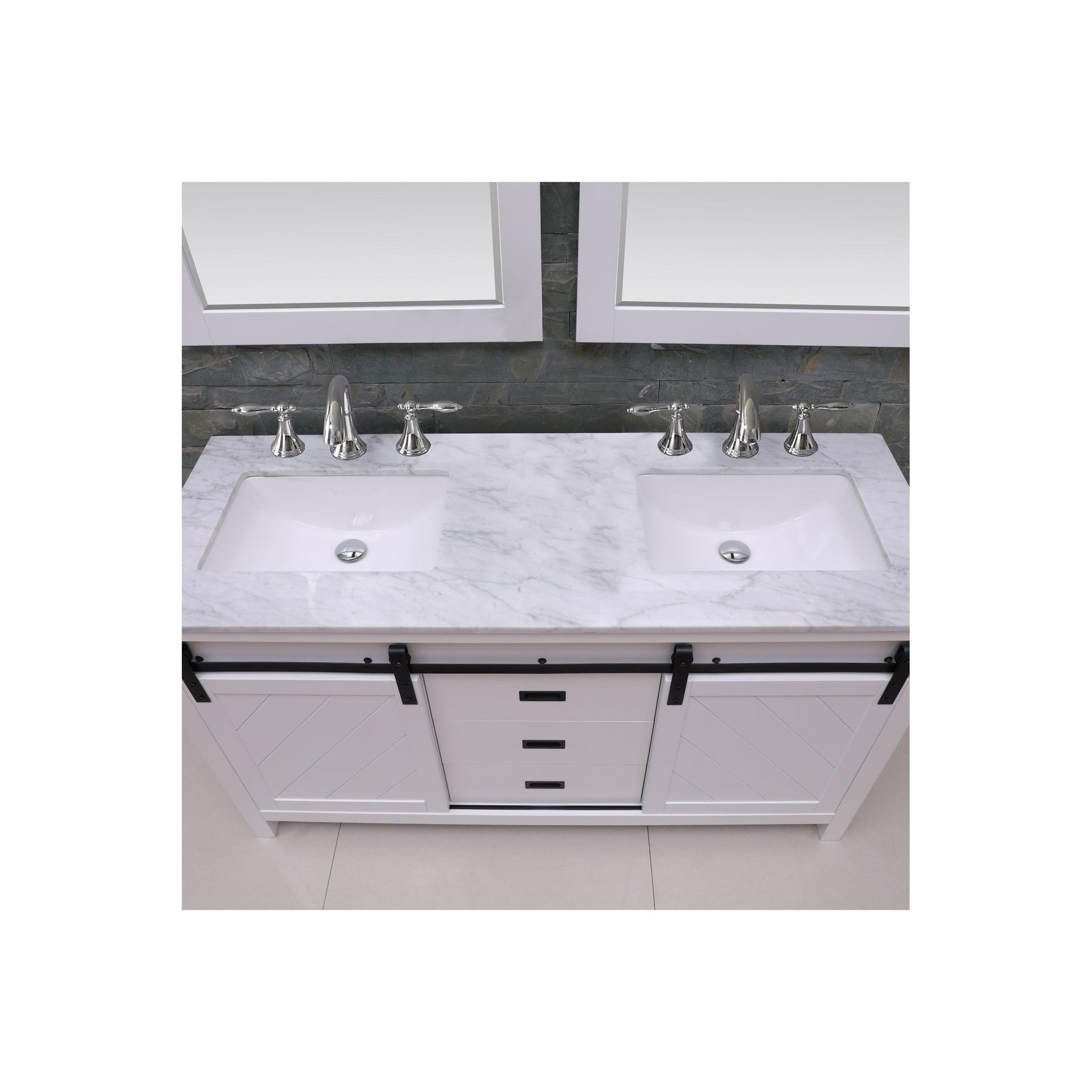 Kinsley 60" Double Bathroom Vanity Set in White and Carrara White Marble Countertop with Mirror