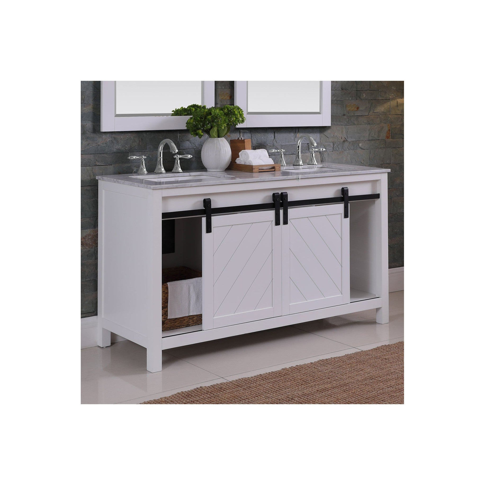 Kinsley 60" Double Bathroom Vanity Set in White and Carrara White Marble Countertop with Mirror