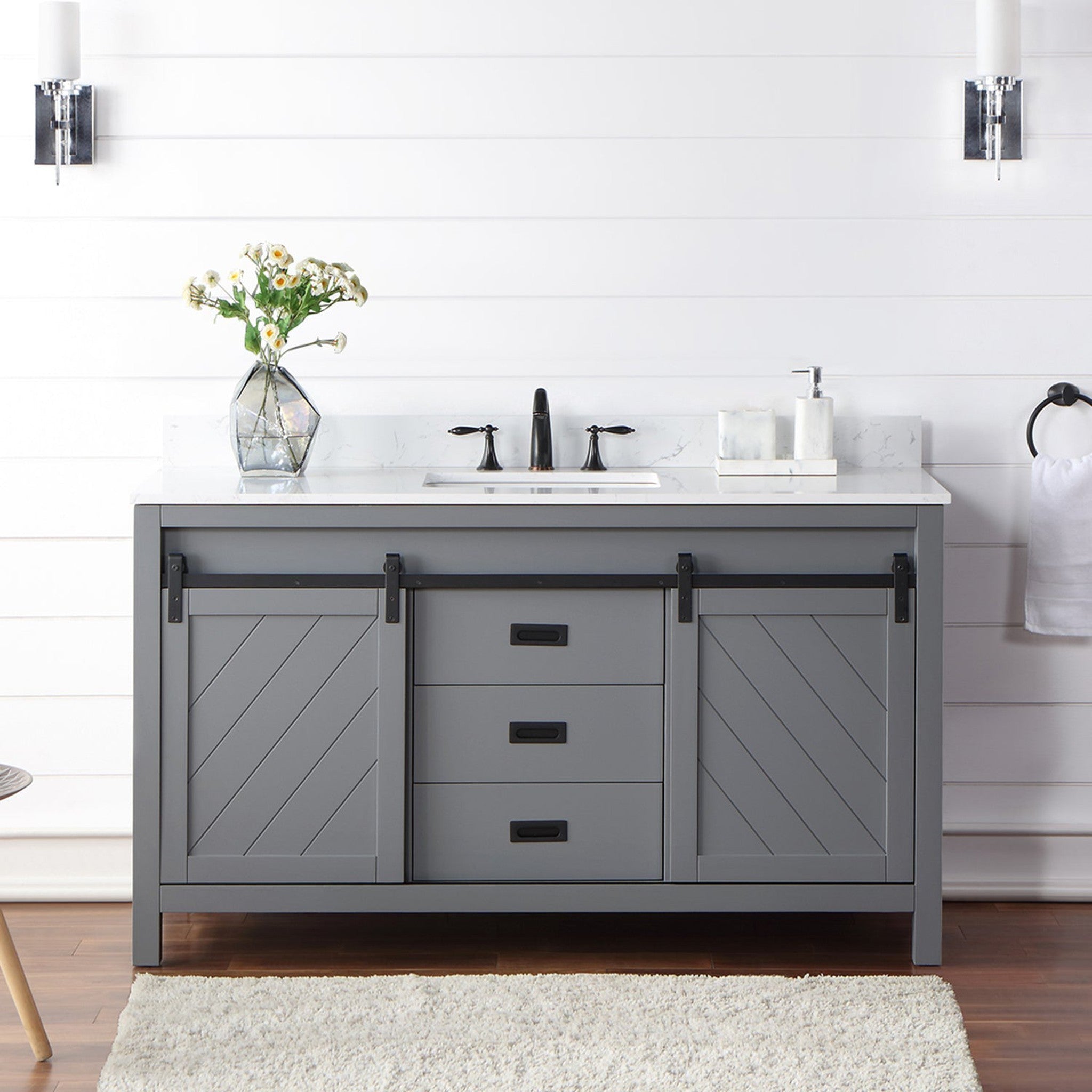 Kinsley 60" Single Bathroom Vanity Set in Gray and Composite Carrara White Stone Countertop without Mirror