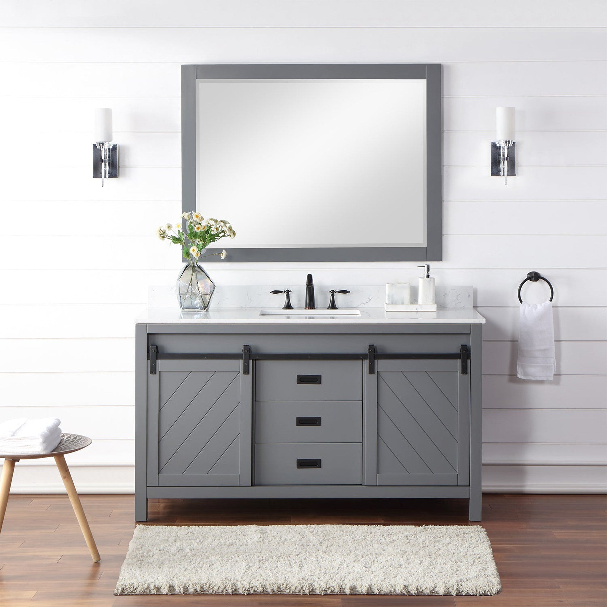 Kinsley 60" Single Bathroom Vanity Set in Gray and Composite Carrara White Stone Countertop with Mirror