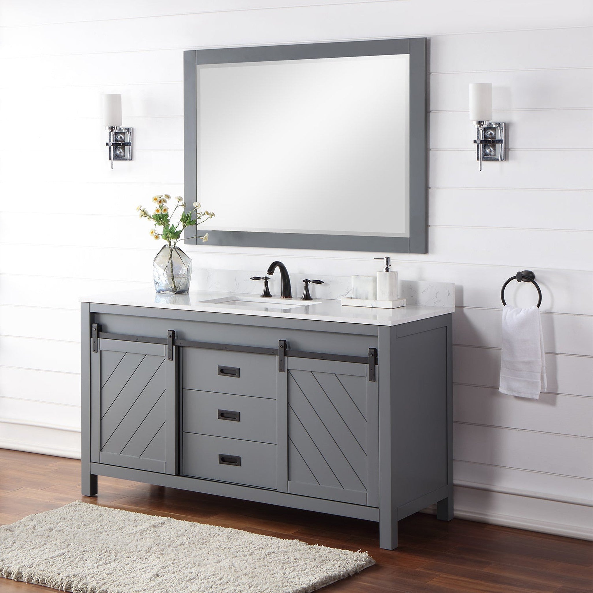 Kinsley 60" Single Bathroom Vanity Set in Gray and Composite Carrara White Stone Countertop with Mirror