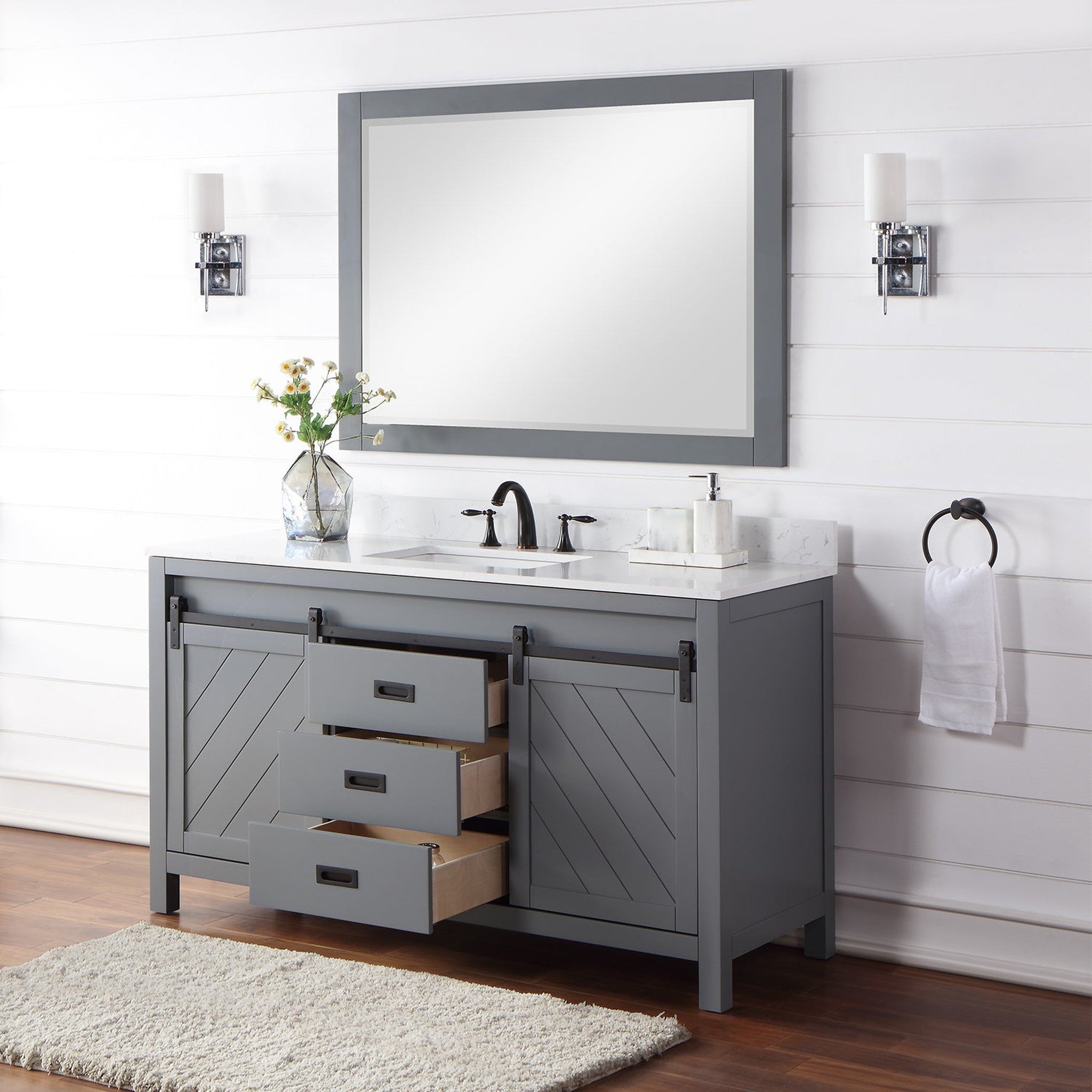 Kinsley 60" Single Bathroom Vanity Set in Gray and Composite Carrara White Stone Countertop with Mirror