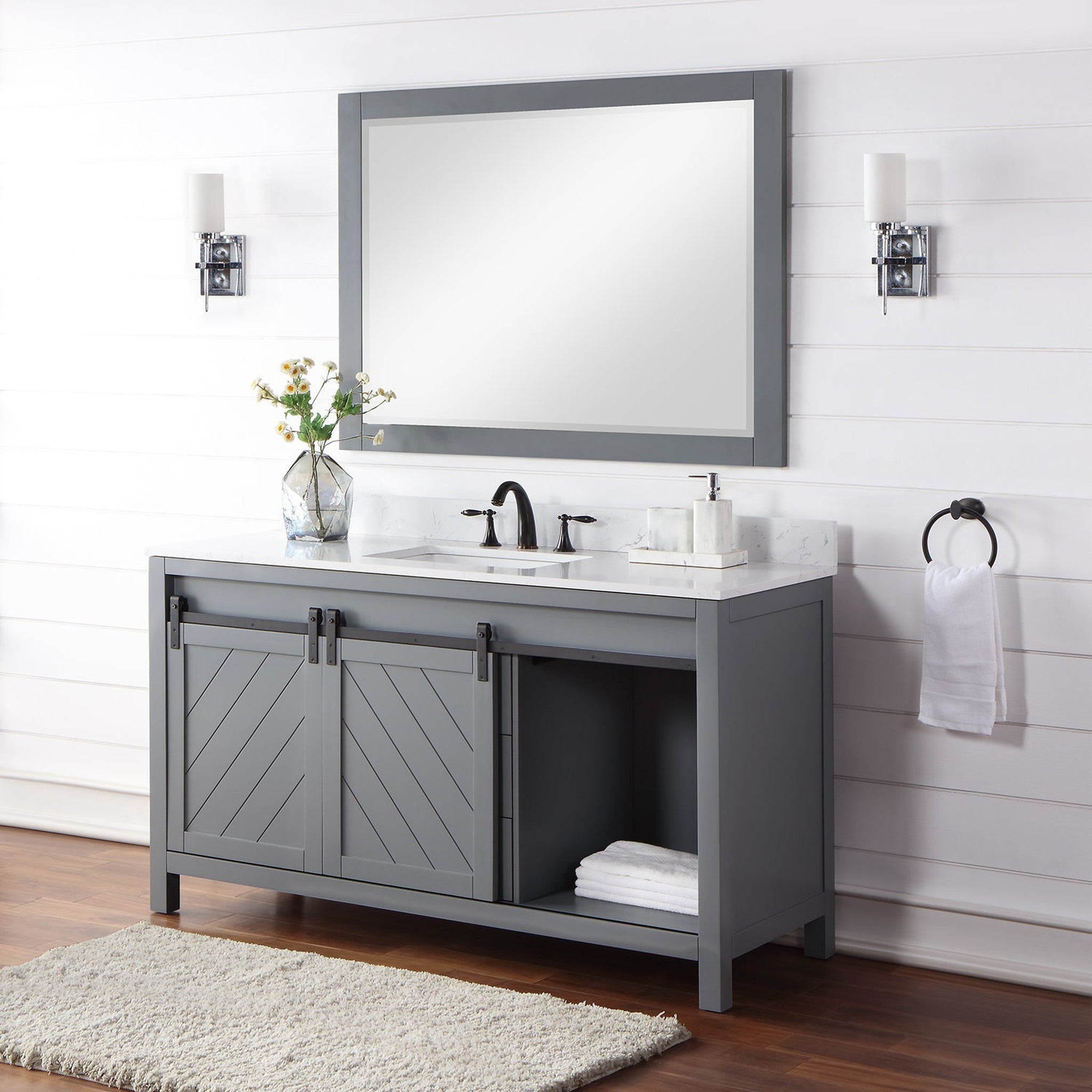 Kinsley 60" Single Bathroom Vanity Set in Gray and Composite Carrara White Stone Countertop with Mirror