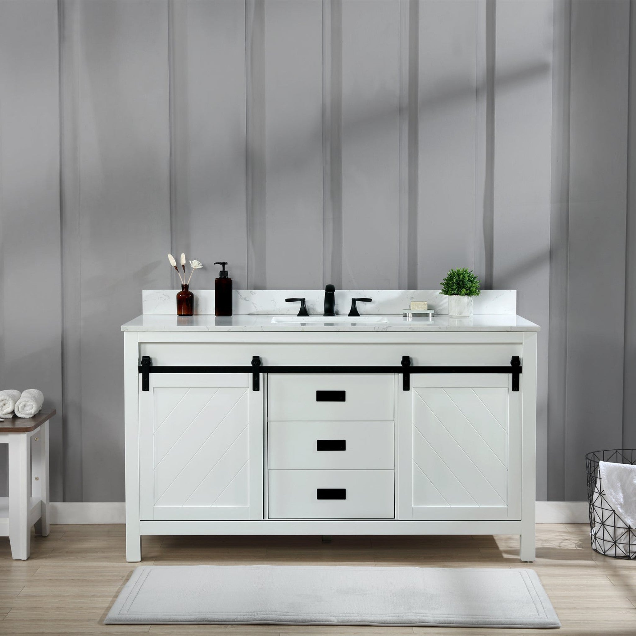 Kinsley 60" Single Bathroom Vanity Set in White and Carrara White Marble Countertop without Mirror