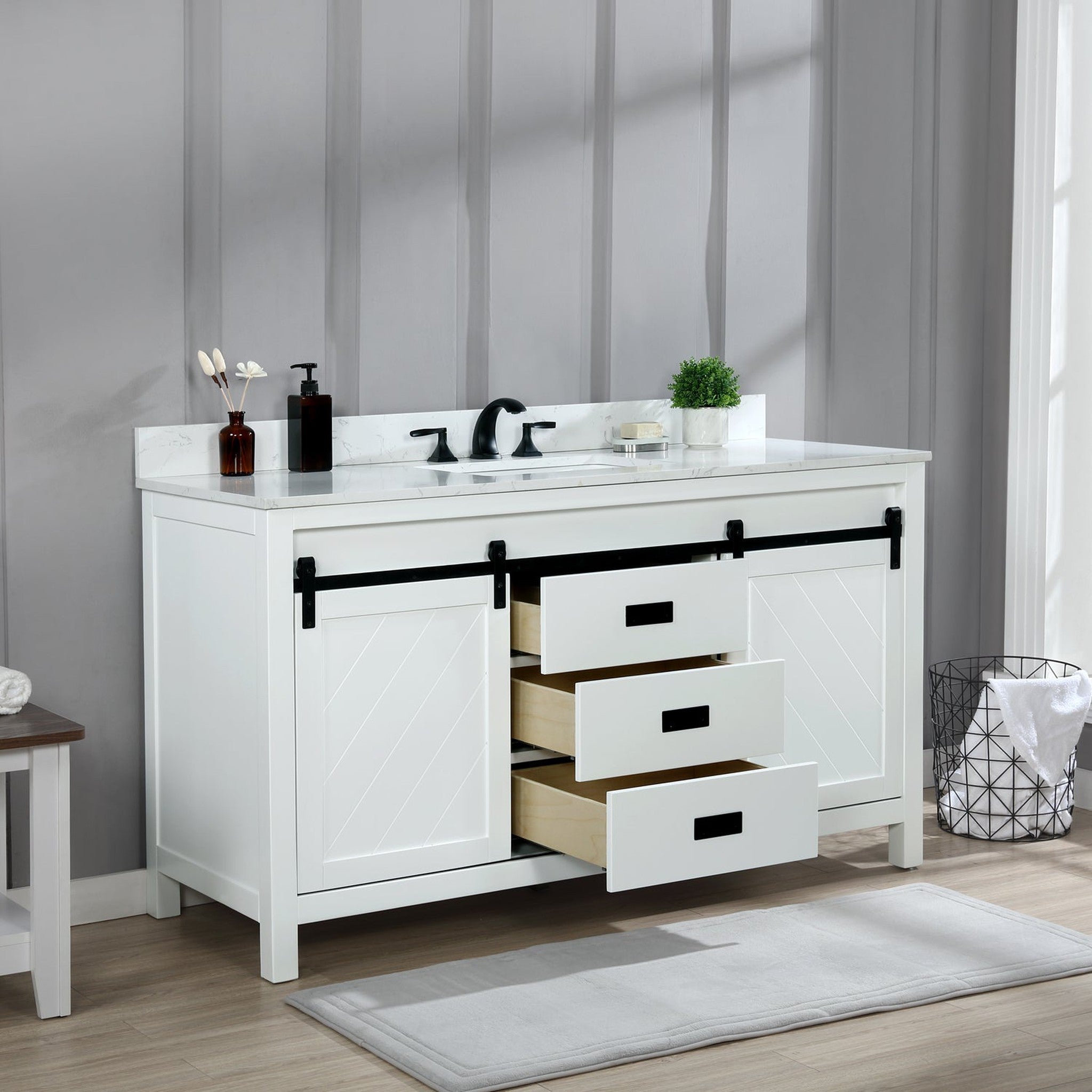 Kinsley 60" Single Bathroom Vanity Set in White and Carrara White Marble Countertop without Mirror