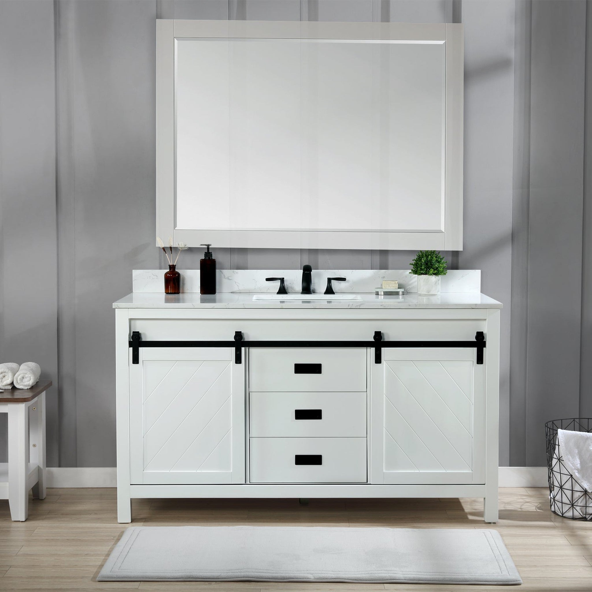 Kinsley 60" Single Bathroom Vanity Set in White and Carrara White Marble Countertop with Mirror