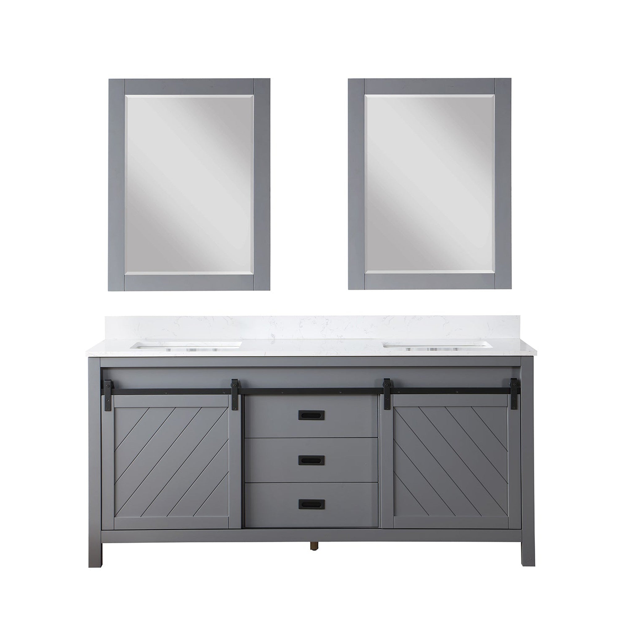 Kinsley 72" Double Bathroom Vanity Set in Gray and Composite Carrara White Stone Countertop with Mirror