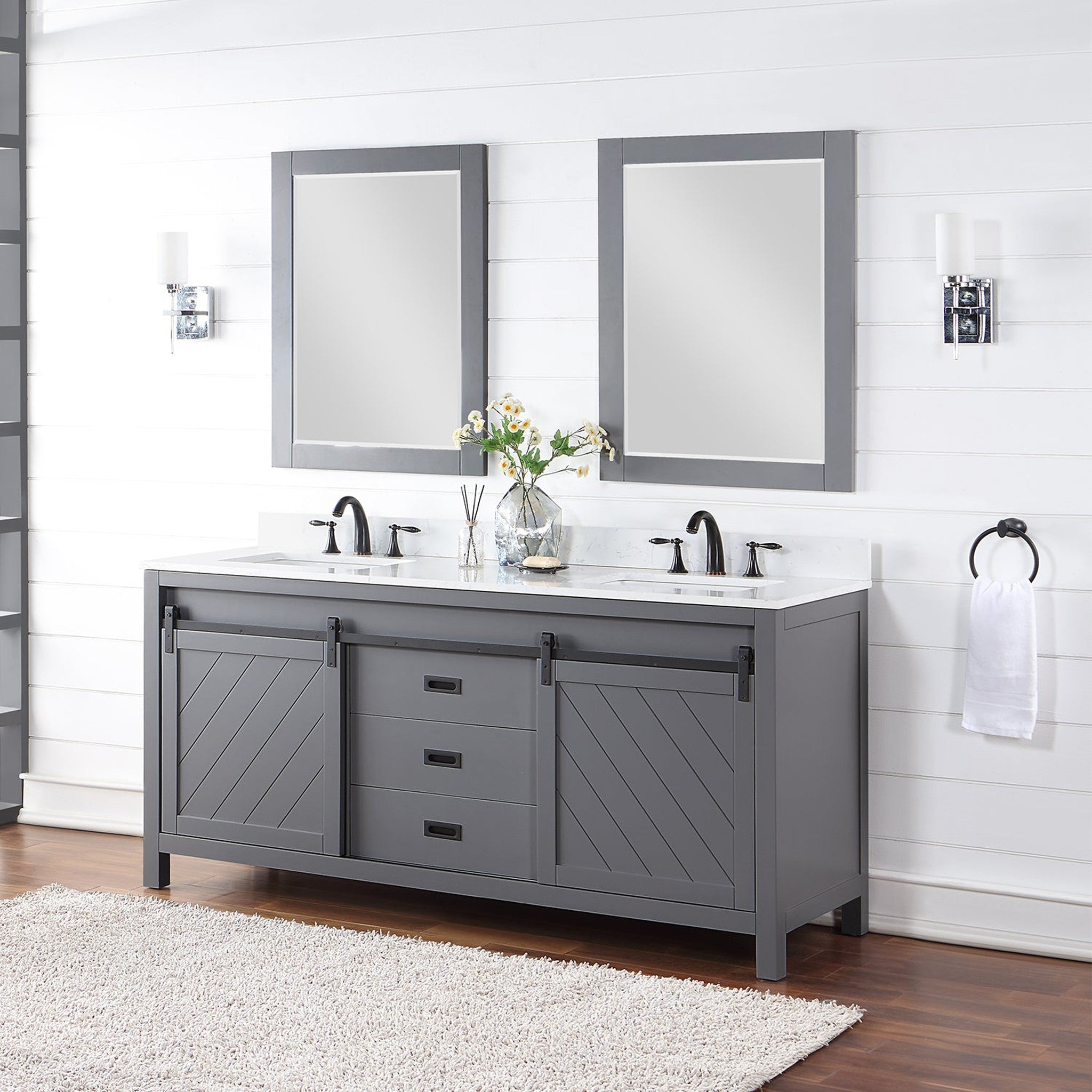 Kinsley 72" Double Bathroom Vanity Set in Gray and Composite Carrara White Stone Countertop with Mirror