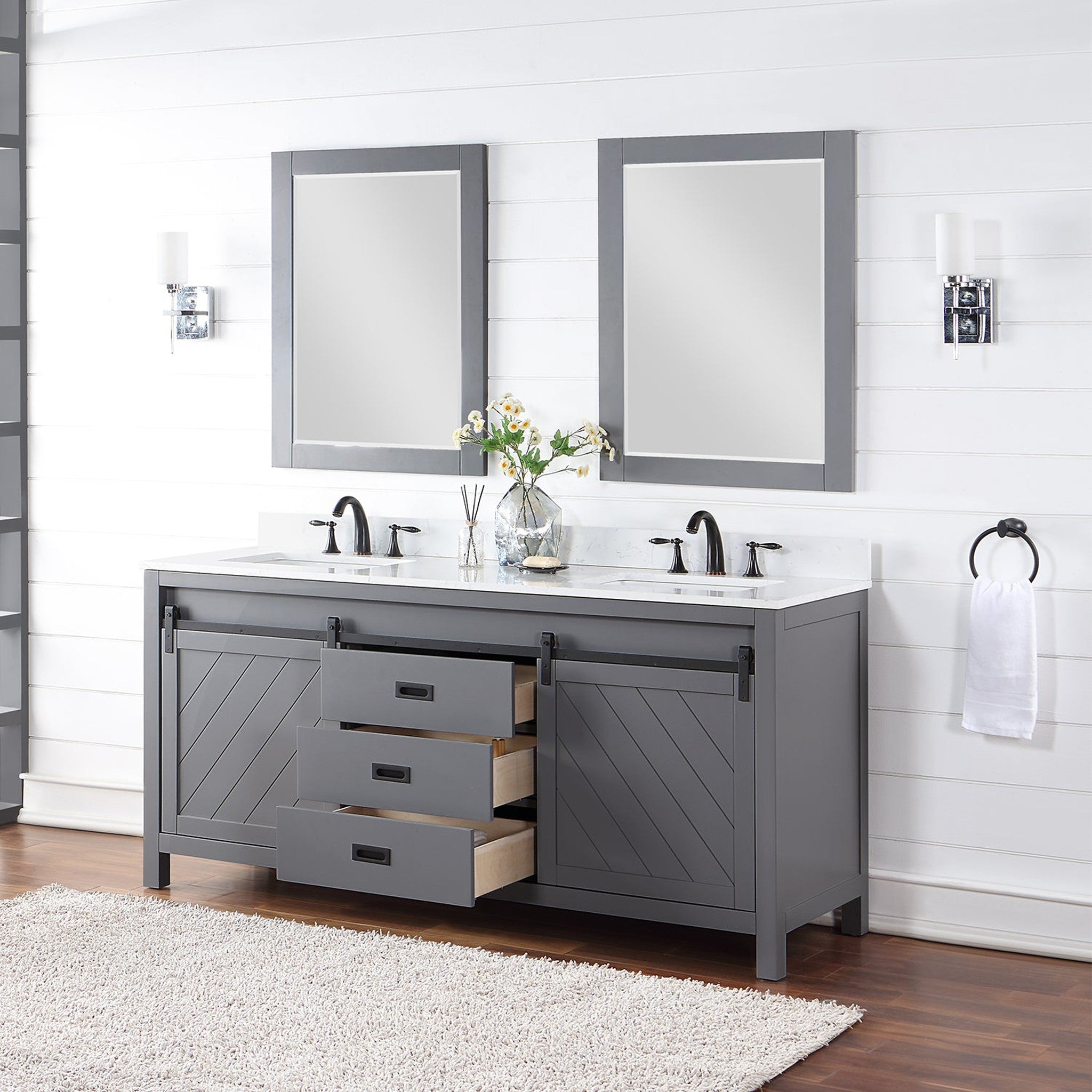 Kinsley 72" Double Bathroom Vanity Set in Gray and Composite Carrara White Stone Countertop with Mirror