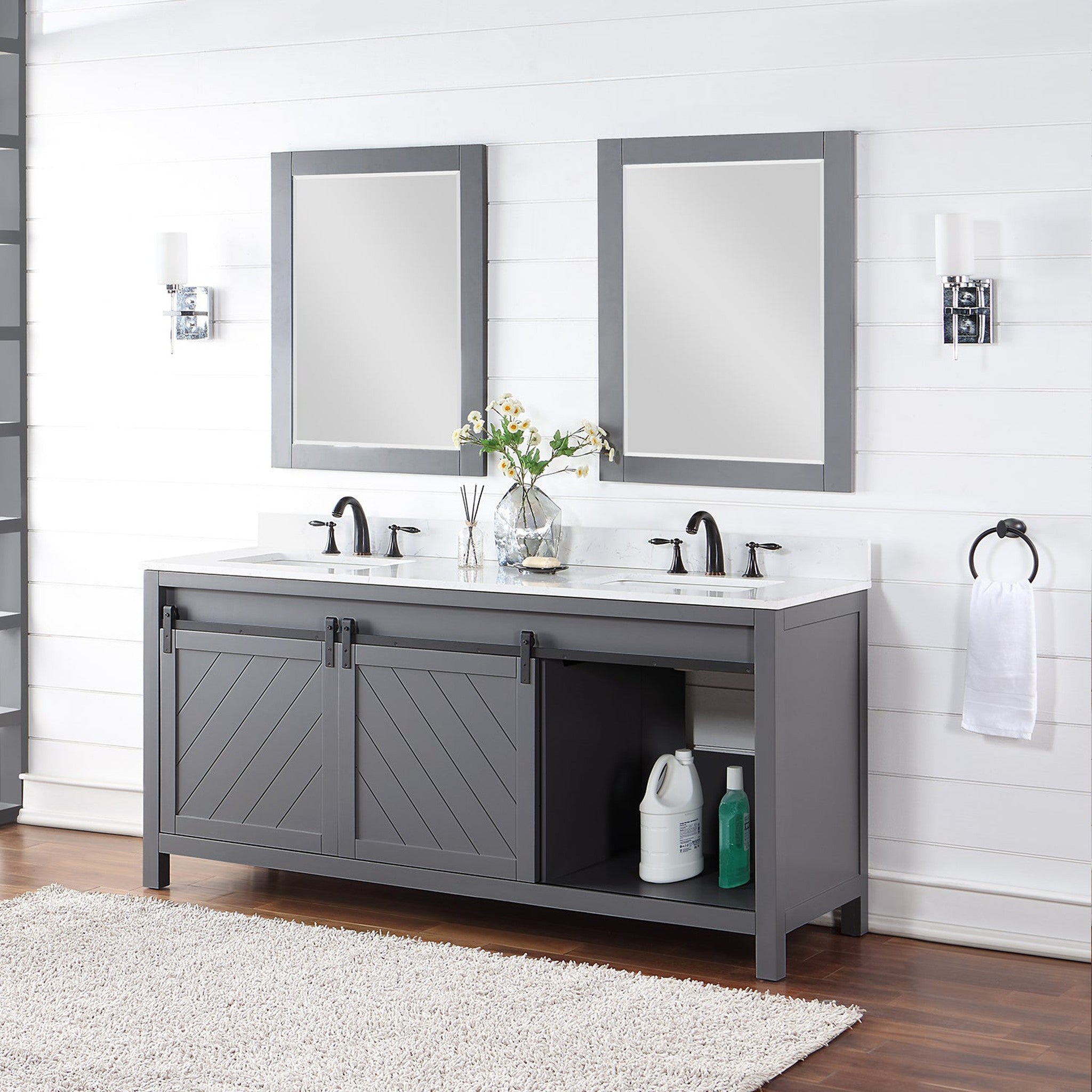 Kinsley 72" Double Bathroom Vanity Set in Gray and Composite Carrara White Stone Countertop with Mirror