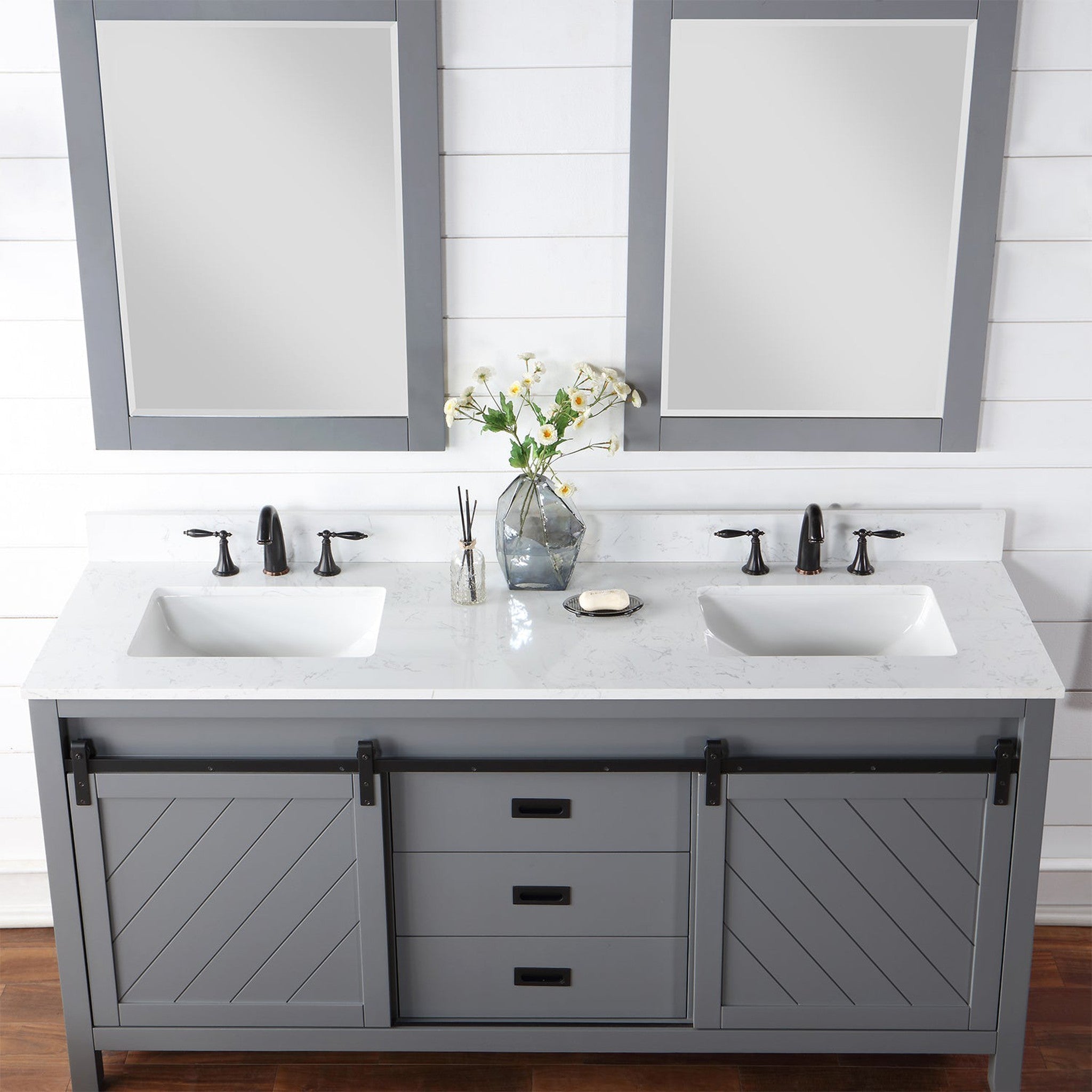 Kinsley 72" Double Bathroom Vanity Set in Gray and Composite Carrara White Stone Countertop with Mirror