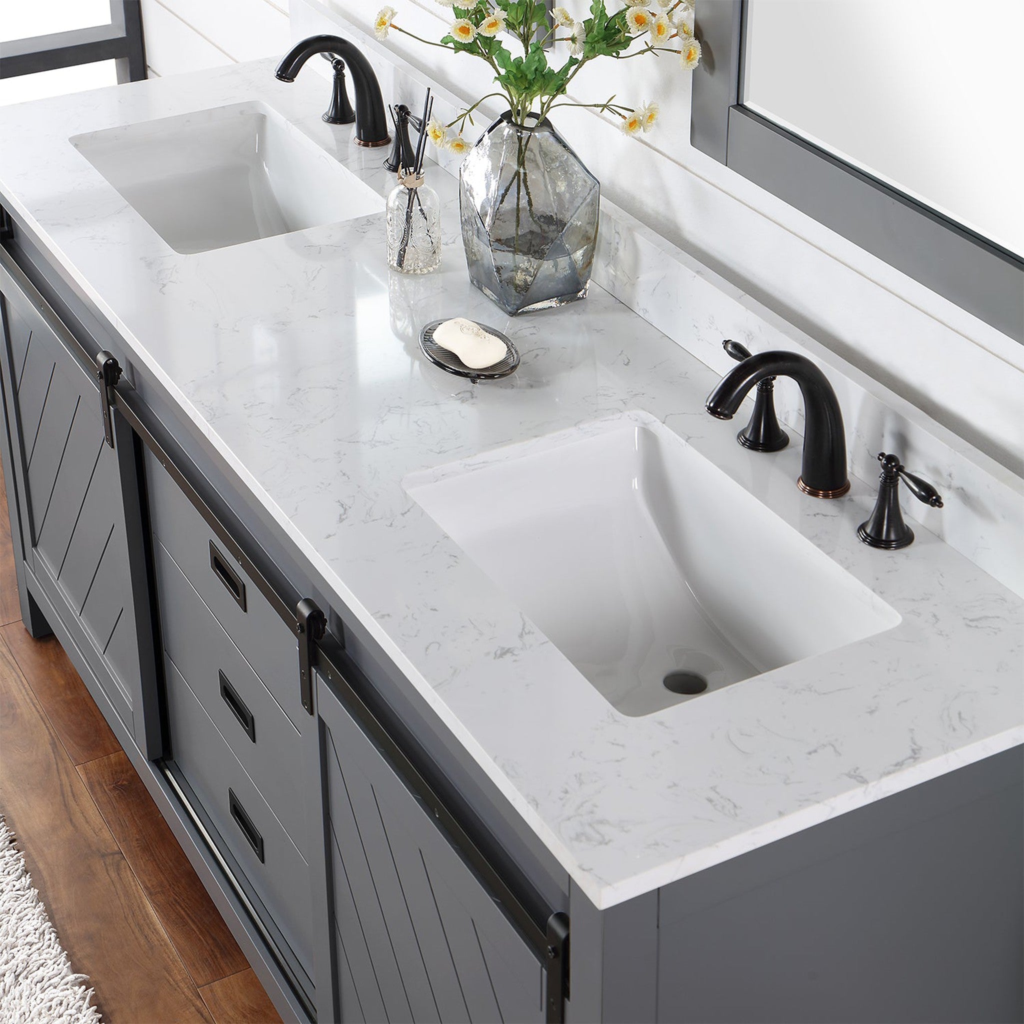 Kinsley 72" Double Bathroom Vanity Set in Gray and Composite Carrara White Stone Countertop with Mirror