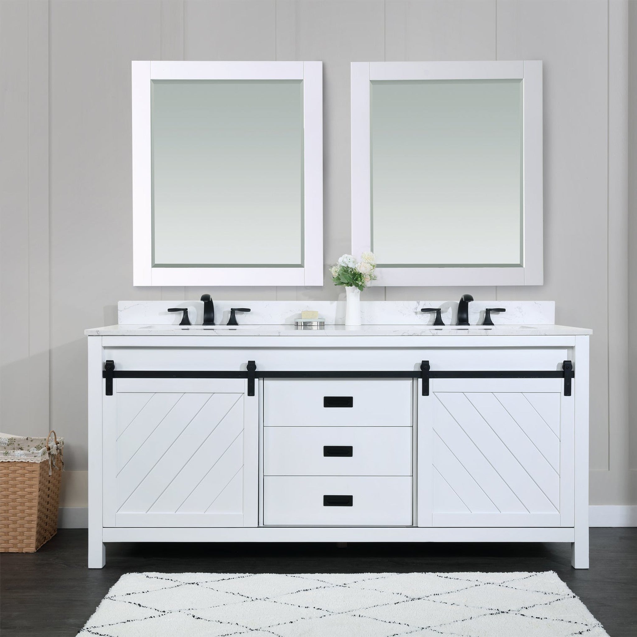 Kinsley 72" Double Bathroom Vanity Set in White and Carrara White Marble Countertop with Mirror